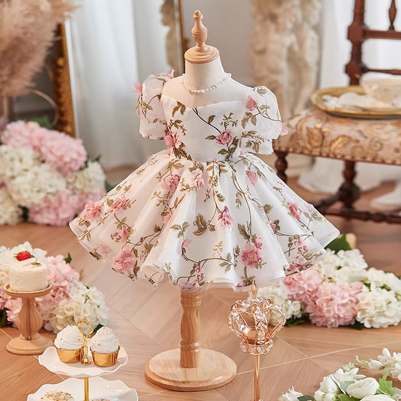 Elegant Baby Mesh Puff Sleeves Floral Dress for Birthday Party, First Communion, Christening & Special Occasions - Toddler Girls' Formal Outfit