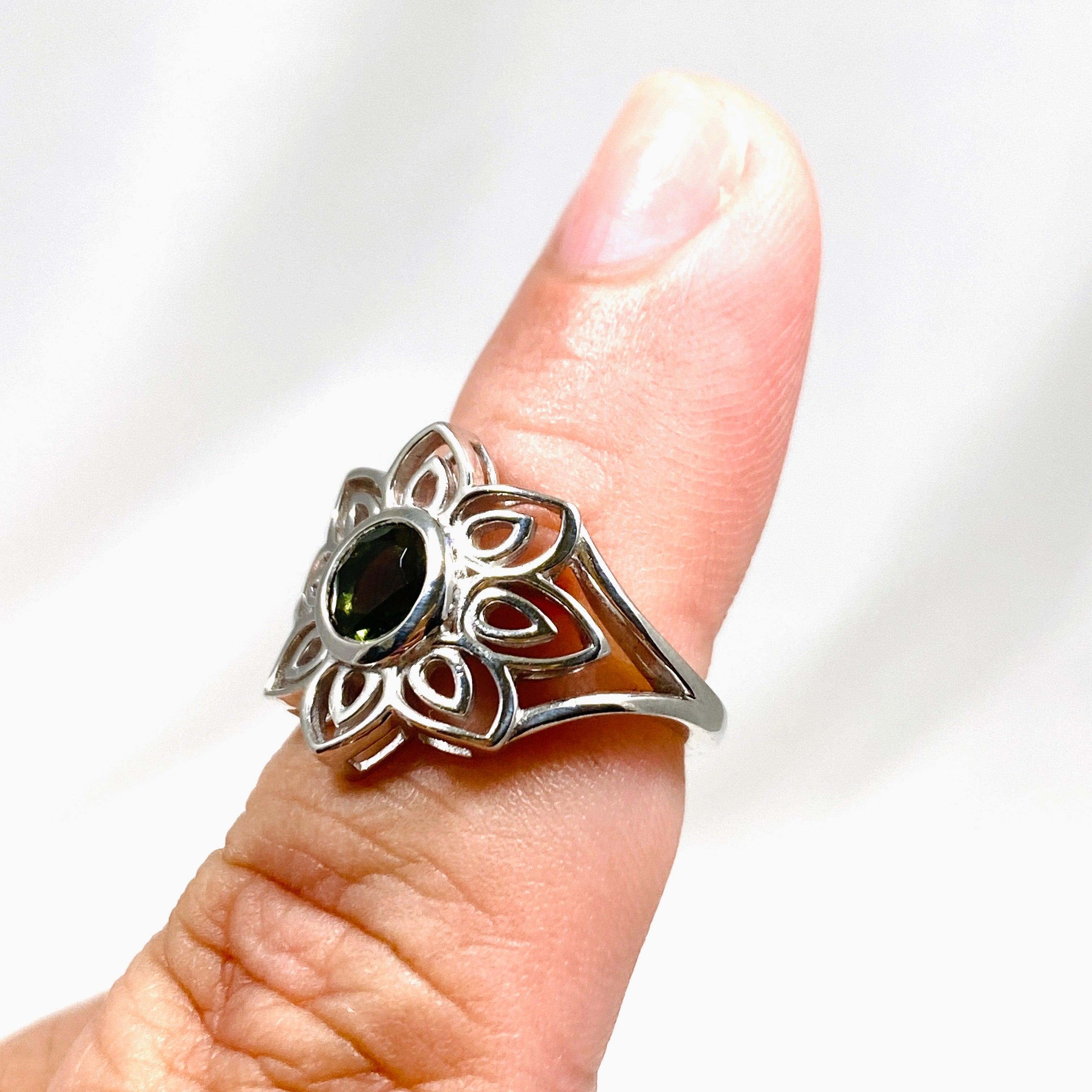 Lotus Moldavite Ring IVMR 01 - Genuine Moldavite Crystal Jewelry for Women, Sterling Silver Handmade Spiritual Ring - Perfect for Meditation, Energy Healing & Boho Fashion