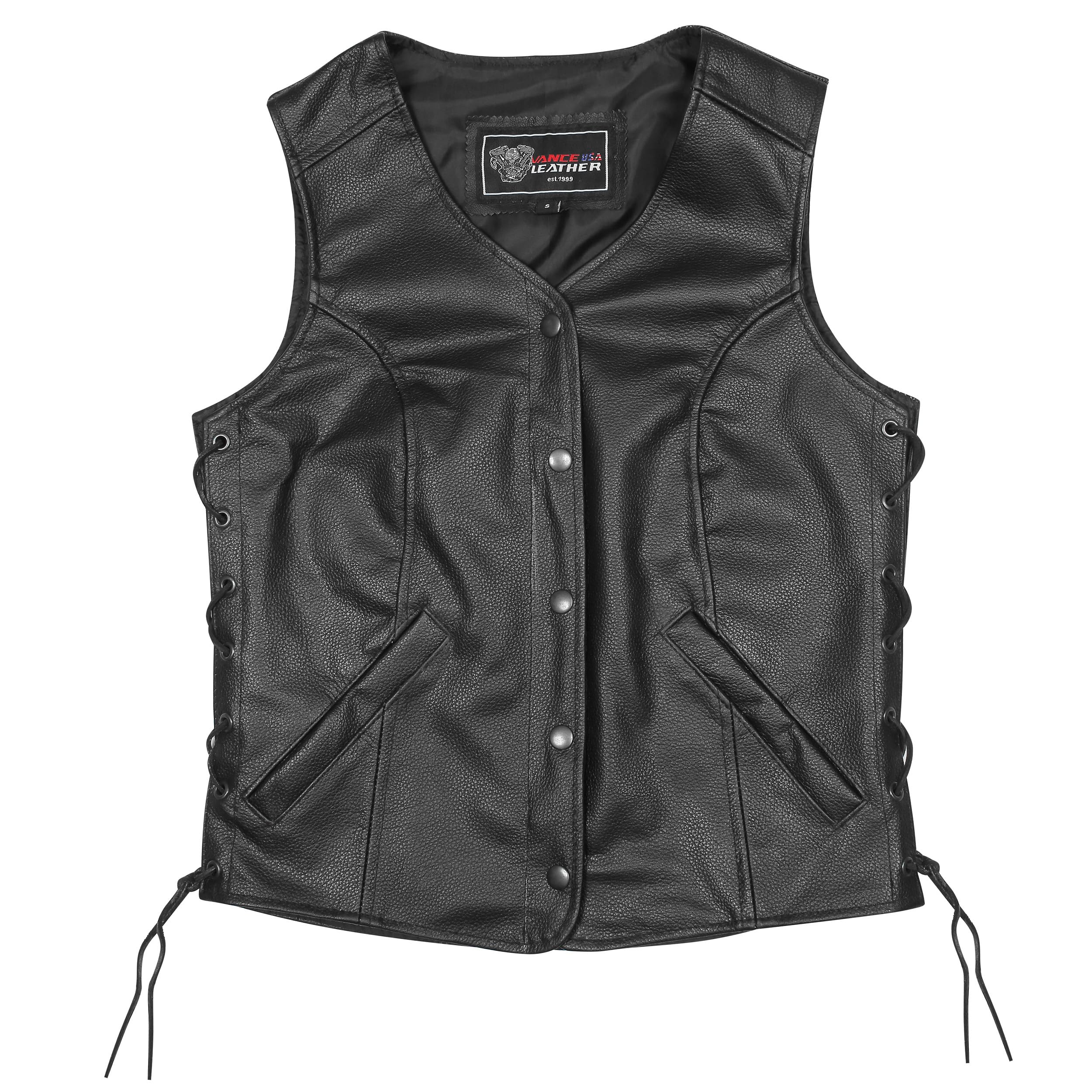 Vance VL1048S Women's Black Leather Motorcycle Vest - 5 Snap Closure, Adjustable Side Laces & Hidden Carry Pocket | Perfect for Biker Ladies, Motorcycle Riding, Outdoor Adventures & Concealed Carry