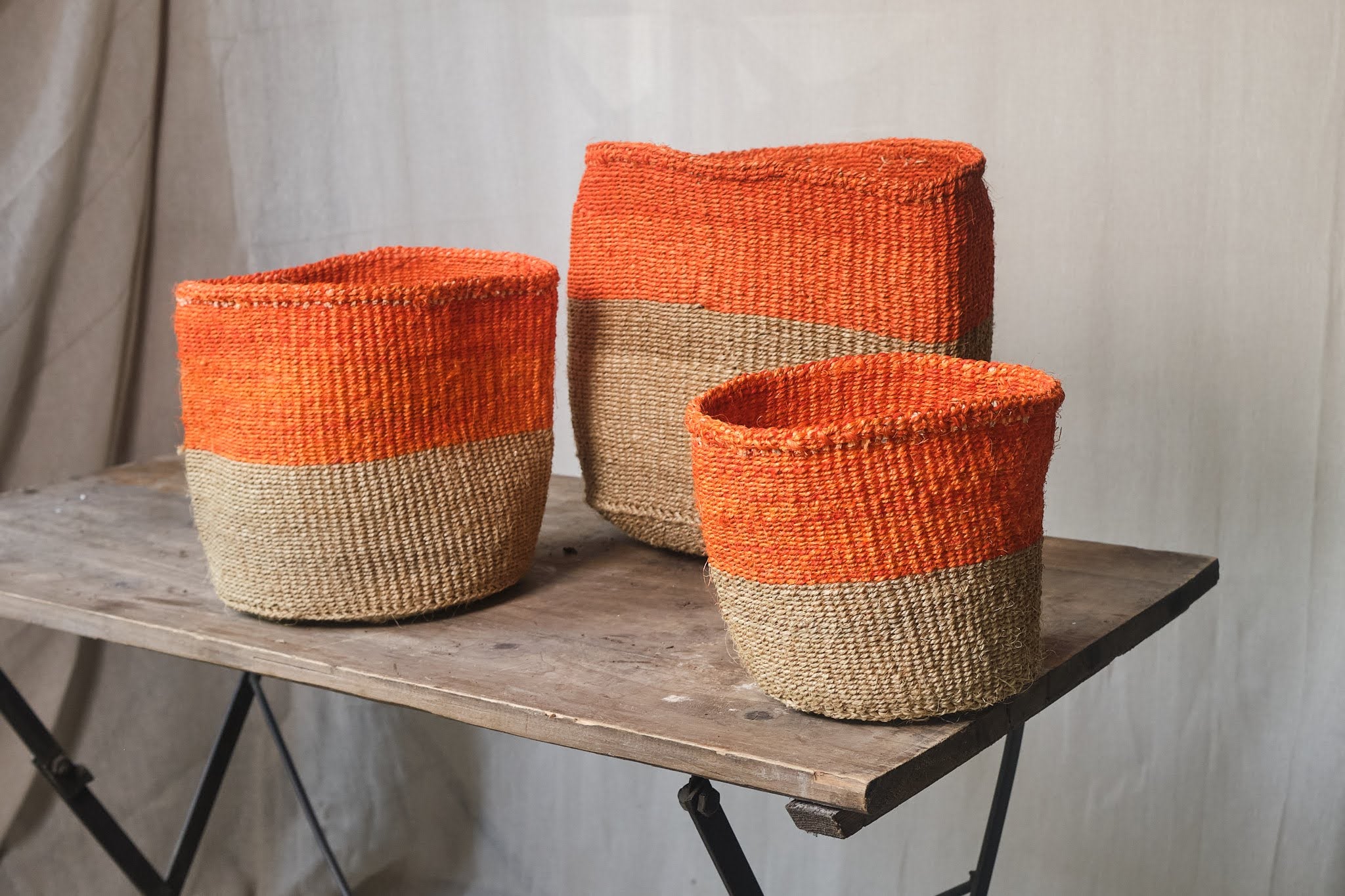 Natural Sisal Storage Baskets - 3 Sizes (17cm, 21cm, 29cm) - Handwoven Orange Wicker Baskets for Home Organization, Laundry, Toys & Decor
