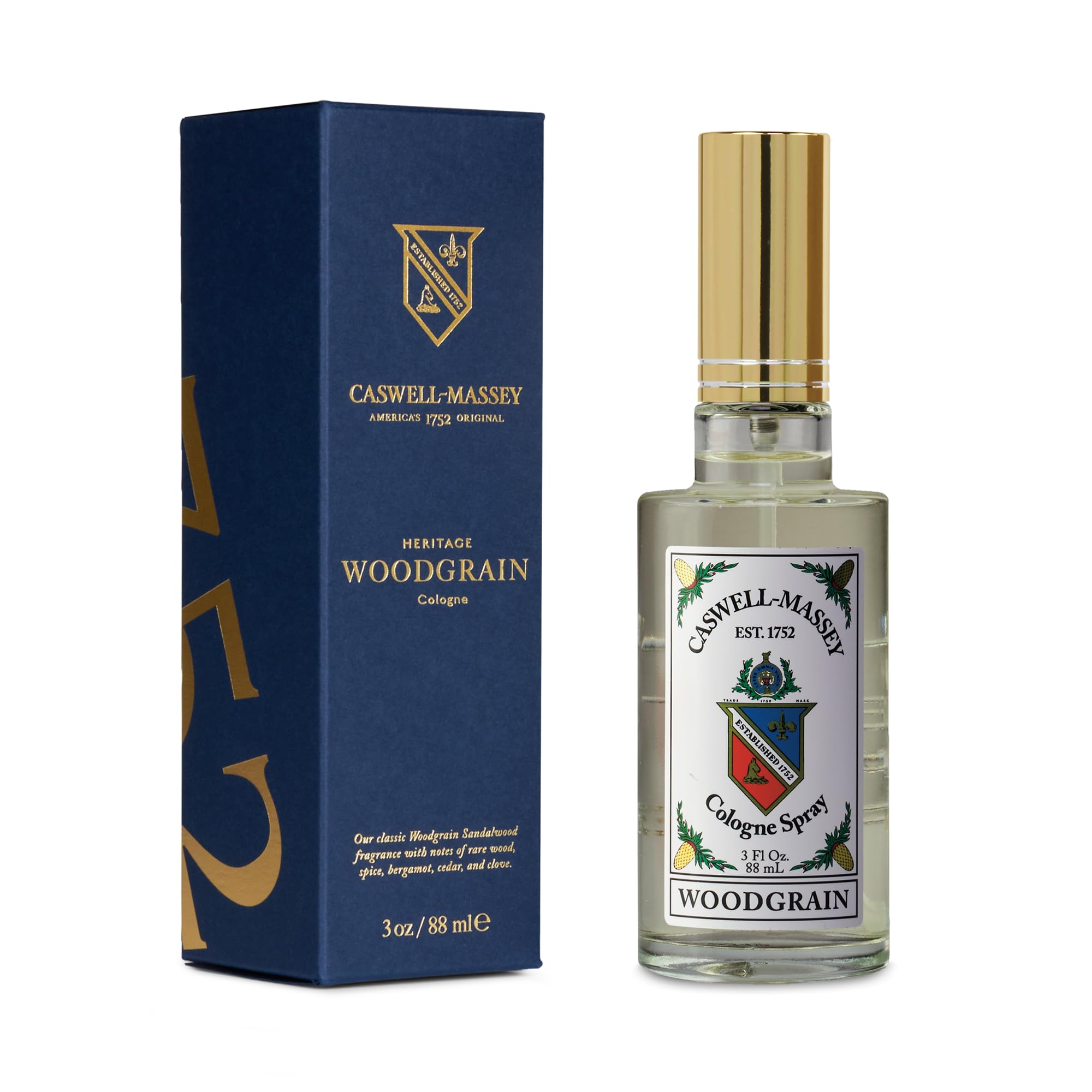 Caswell-Massey Woodgrain Sandalwood Gold Cap Cologne for Men - 3 Fl Oz | Rich Santalum Album Scent with Cedar & Citrusy Musk Notes | Perfect for Date Nights, Office Wear & Special Occasions