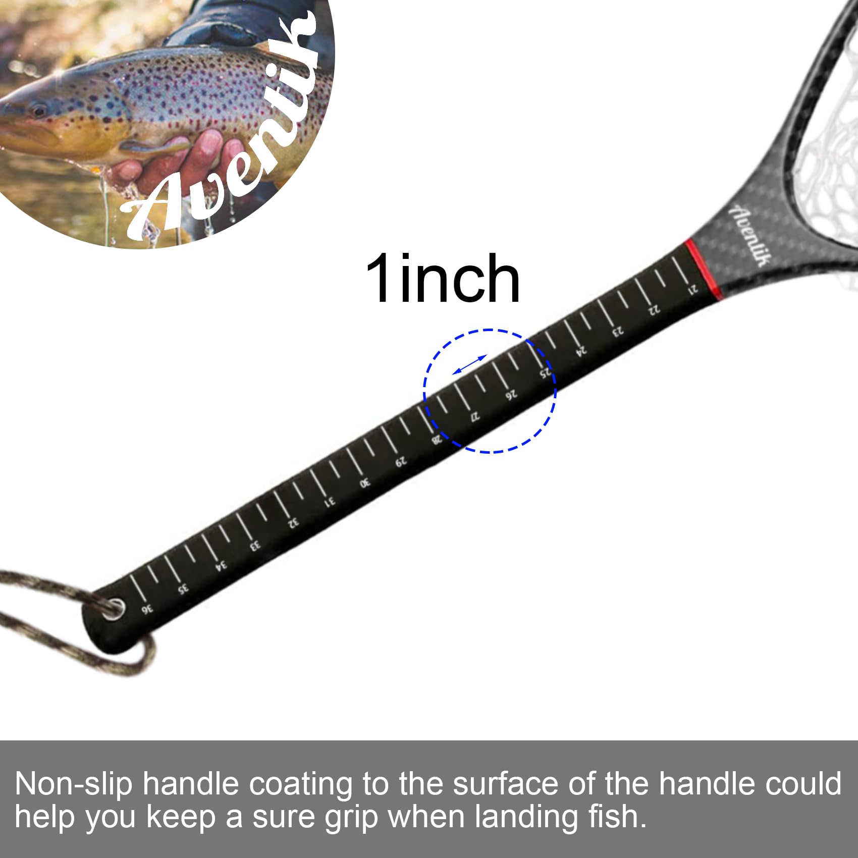 Aventik Fly Floating Fishing Net - Lightweight Carbon Fiber Landing Net with Clear Rubber Mesh for Trout, Catch & Release - Perfect for Fly Fishing, Streams, and Freshwater Angling