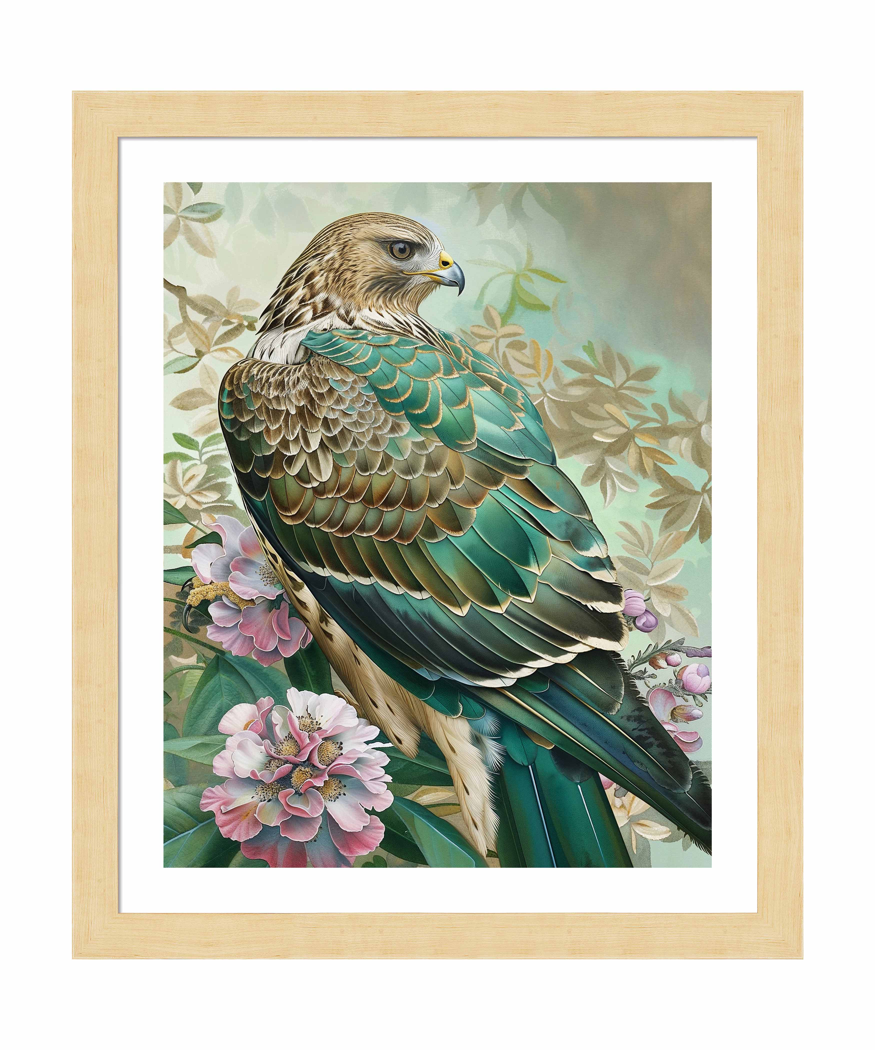 Emerald Majesty Hawk Amidst Blossoms Wall Art Print - Stunning Nature Wildlife Decor for Living Room, Bedroom & Office