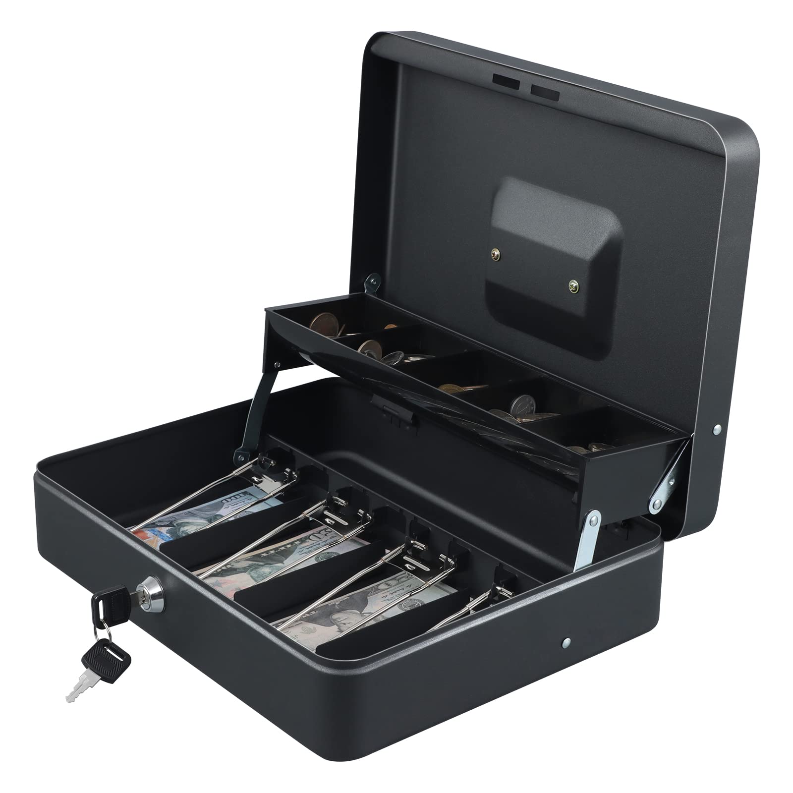XYDLED Black Sand Grain Cash Box with Key Lock - Money Lock Box with 4 Bill & 5 Coin Slots, Tiered Cash Tray - 11.8