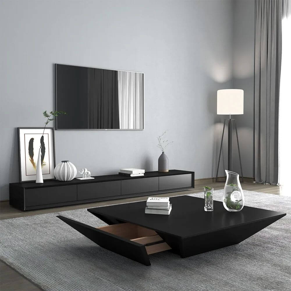 Modern Black Rectangular TV Stand Wood Media Console with 4 Drawers for TVs Up to 88