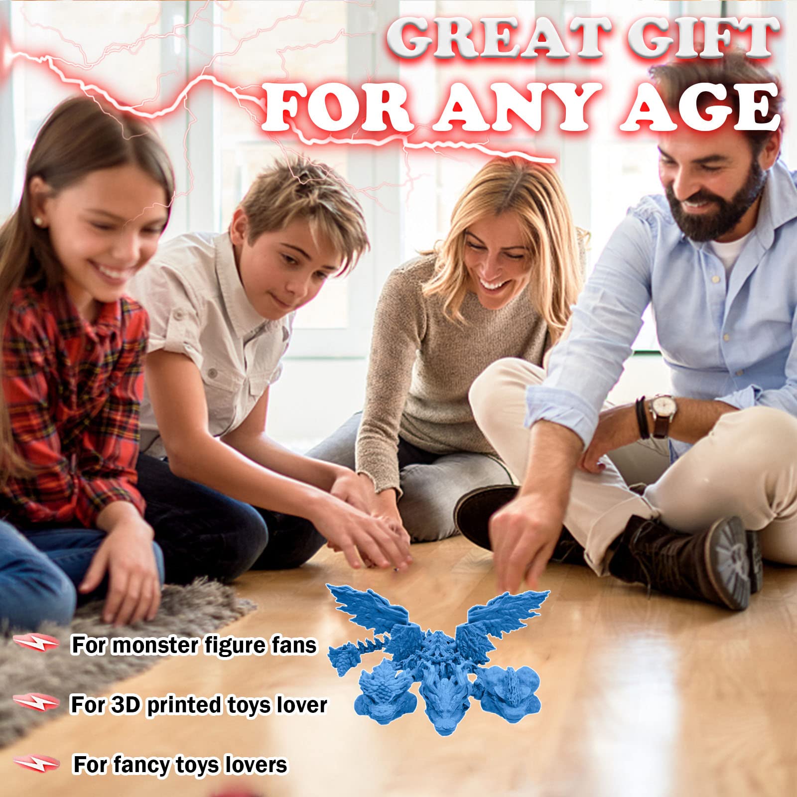 3D Printed Articulated Three-Headed Dragon Toy - Ancient Mythical Beast Monster with Deformable Joints, Anti-Anxiety Action Figure for Collectors (Sky Blue, 15.7 Inches) - Perfect for Home Decor, Fantasy Collections, and Stress Relief