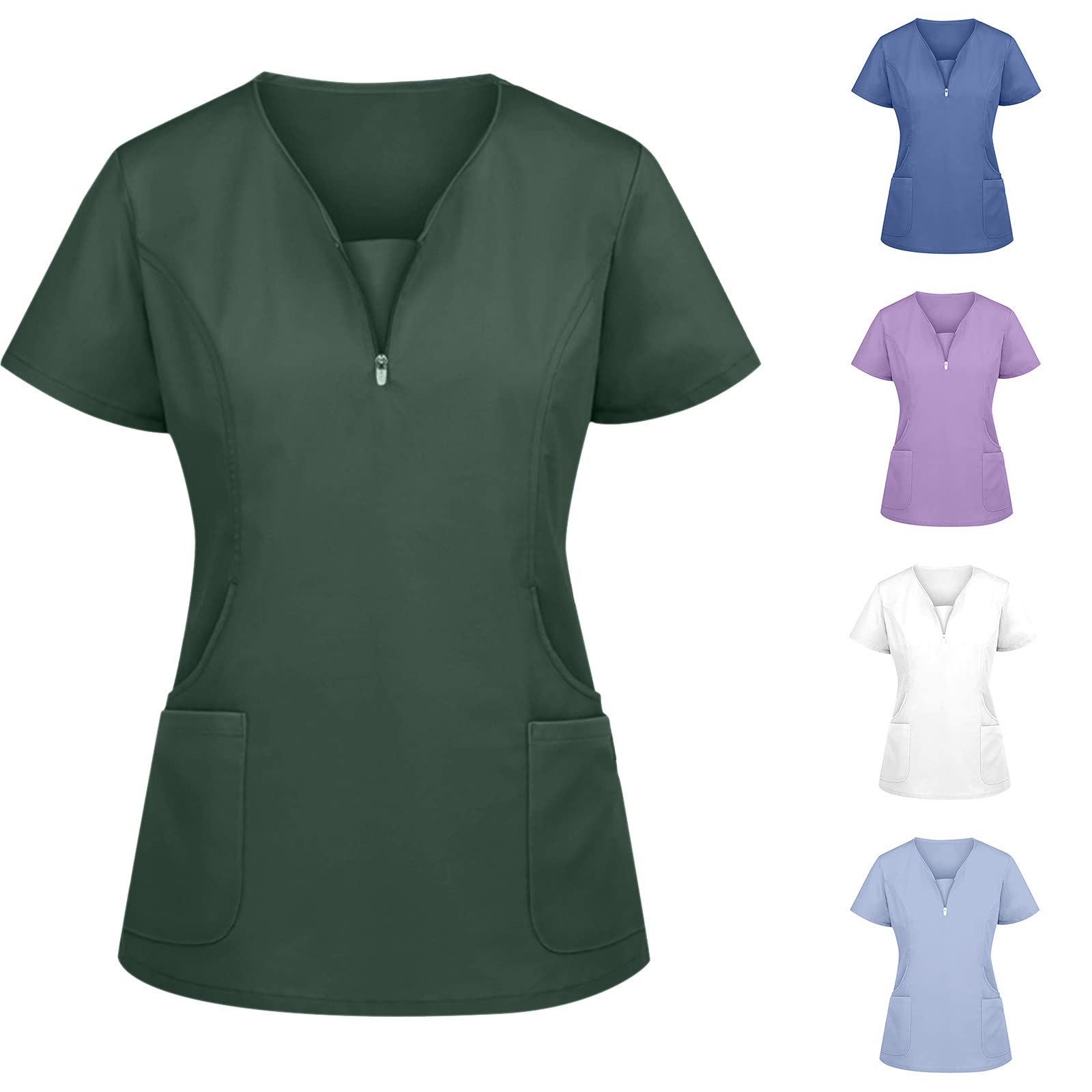 Stretch Plus Size Women's Scrub Tops - V-Neck Zip Short Sleeve Nursing Uniform with Pockets & Anti-Wrinkle Fabric | Comfortable Workwear for Nurses, Doctors & Healthcare Professionals