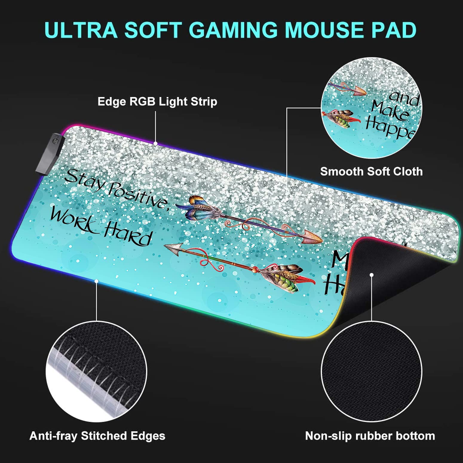 RGB Gaming Mouse Pad with LED Lights - Large Extended Desk Mat for Keyboard & Mouse, Waterproof & Non-Slip Surface - Perfect for PC Gaming, Office Work & Streaming Setup (Blue Motivational Design)