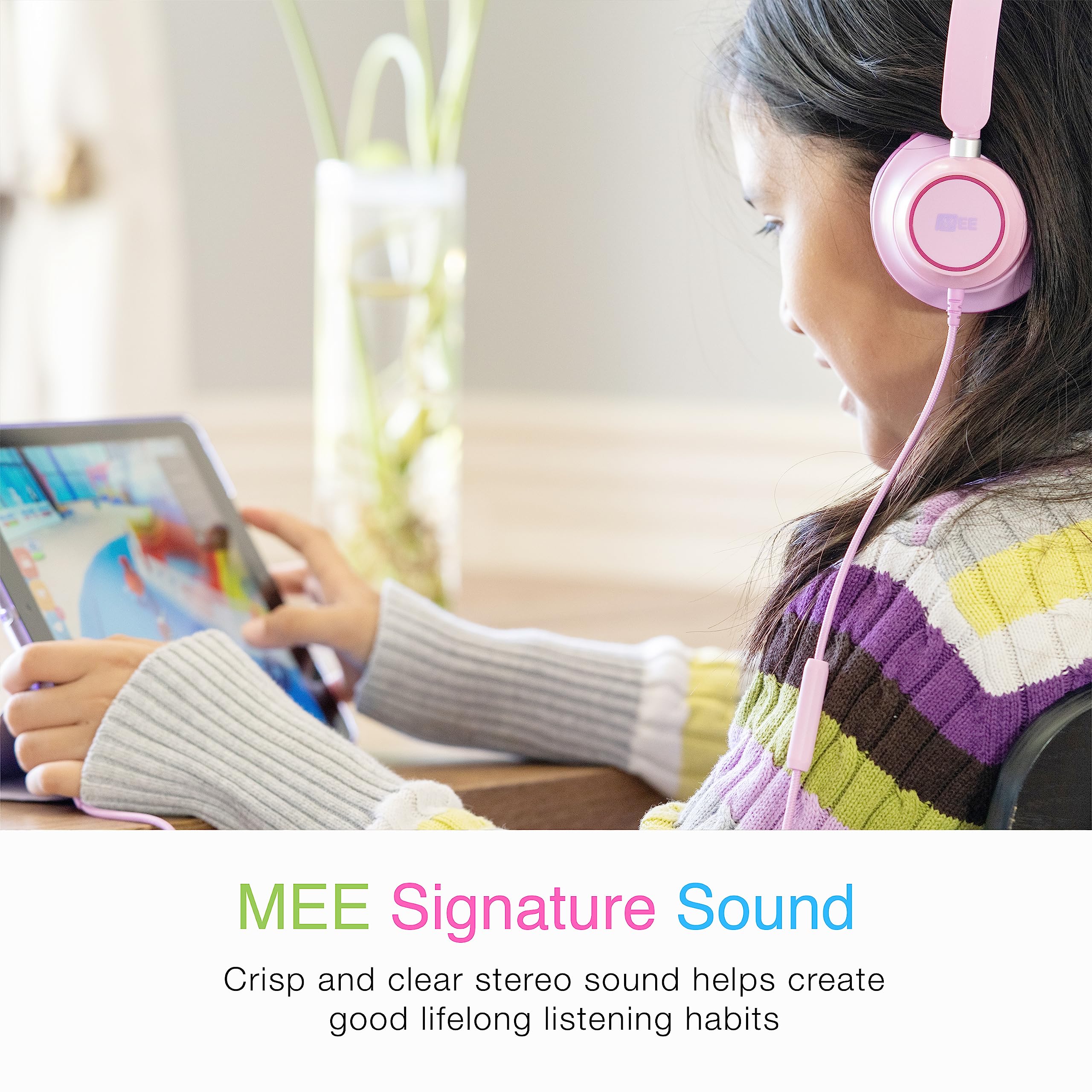 MEE audio KidJamz KJ45 Kids Headphones with Volume Limiter & Built-in Mic - Safe On-Ear Adjustable Headset for Children, 3.5mm Jack Wired - Ideal for Online Learning, School Classes, Travel & Tablet Use (Pink/Magenta)