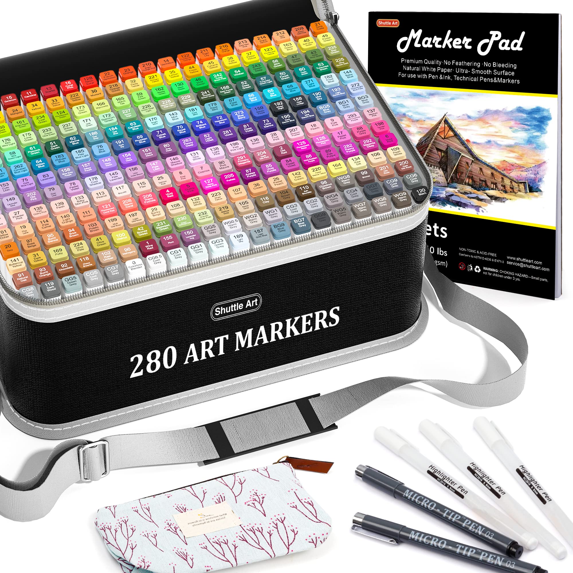 Shuttle Art 280 Colors Dual Tip Alcohol Based Art Markers Set - 279 Vibrant Colors + Colorless Blender, Fine & Broad Tip, Includes White Highlighter & Marker Organizer Bag - Perfect for Adult Coloring Books, Sketching, Bullet Journaling & DIY Art Projects