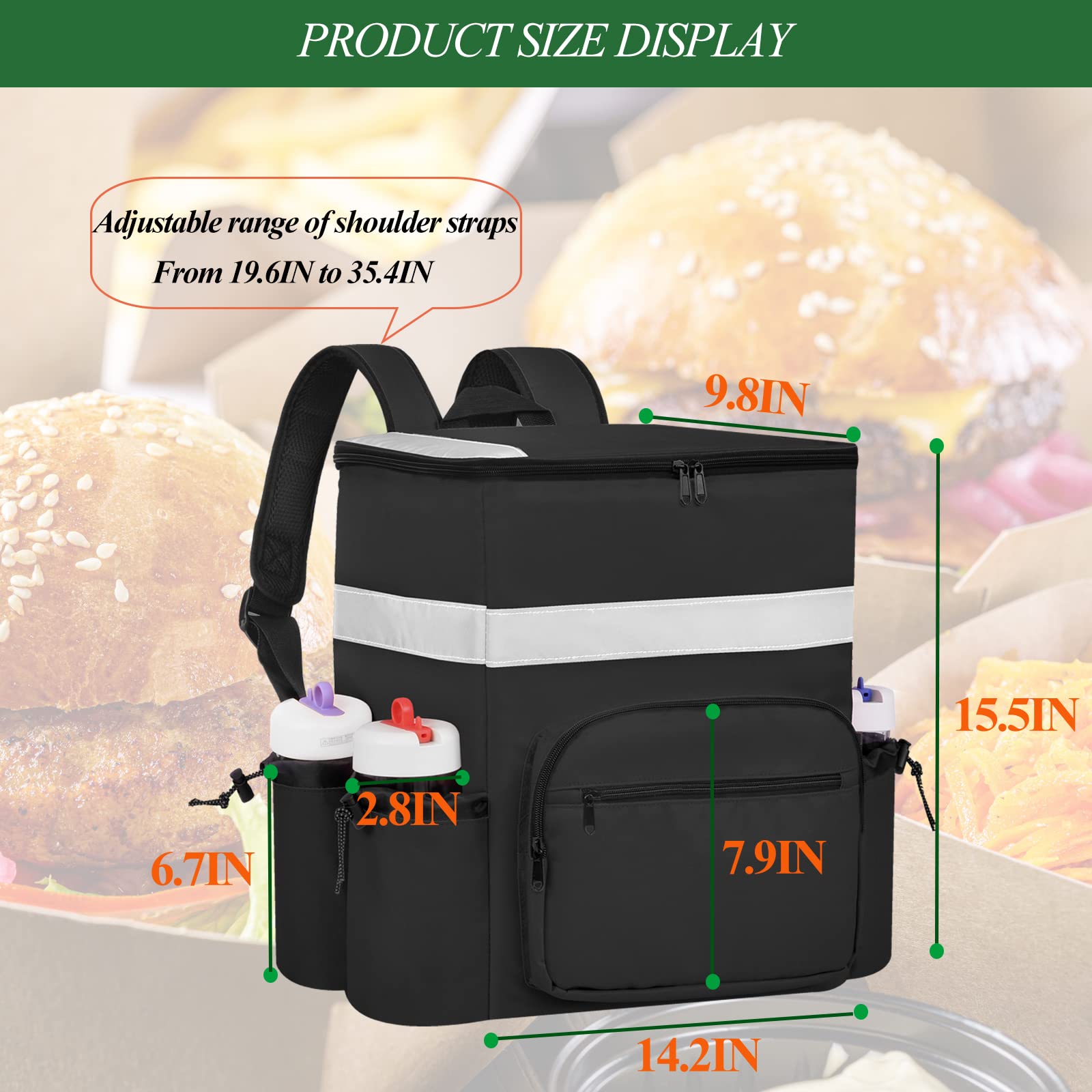 Insulated Pizza Delivery Backpack with Cup Holders & Support Boards - Hot/Cold Food Carrier for Bike Delivery - Perfect for Uber Eats, DoorDash & Restaurant Takeout (Black)