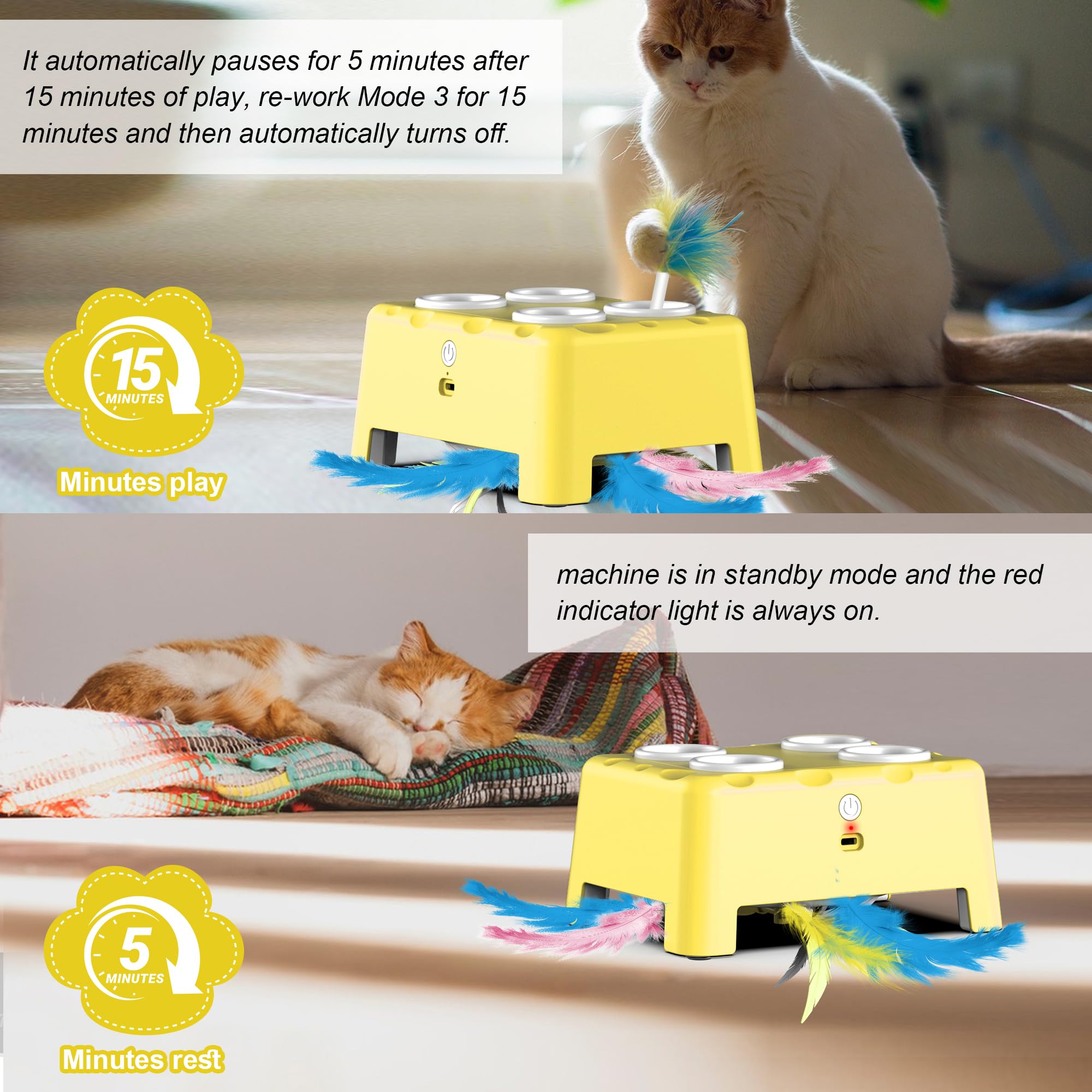 Interactive Cat Toys - 2-in-1 Automatic Cat Toy with Moving Feather & 4 Holes Mice Whack A Mole Game | USB Rechargeable Electronic Kitten Toys for Indoor Play & Exercise | Fun Yellow Cat Toy for Kittens & Adult Cats
