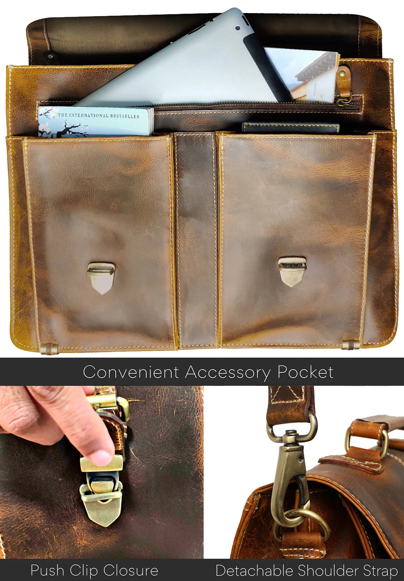 Wayne Premium 16 Inch Genuine Leather Satchel Briefcase for Men - Business Laptop Bag with Shoulder Strap (Antique Brown) - Perfect for Office, Work, Travel & Daily Commute