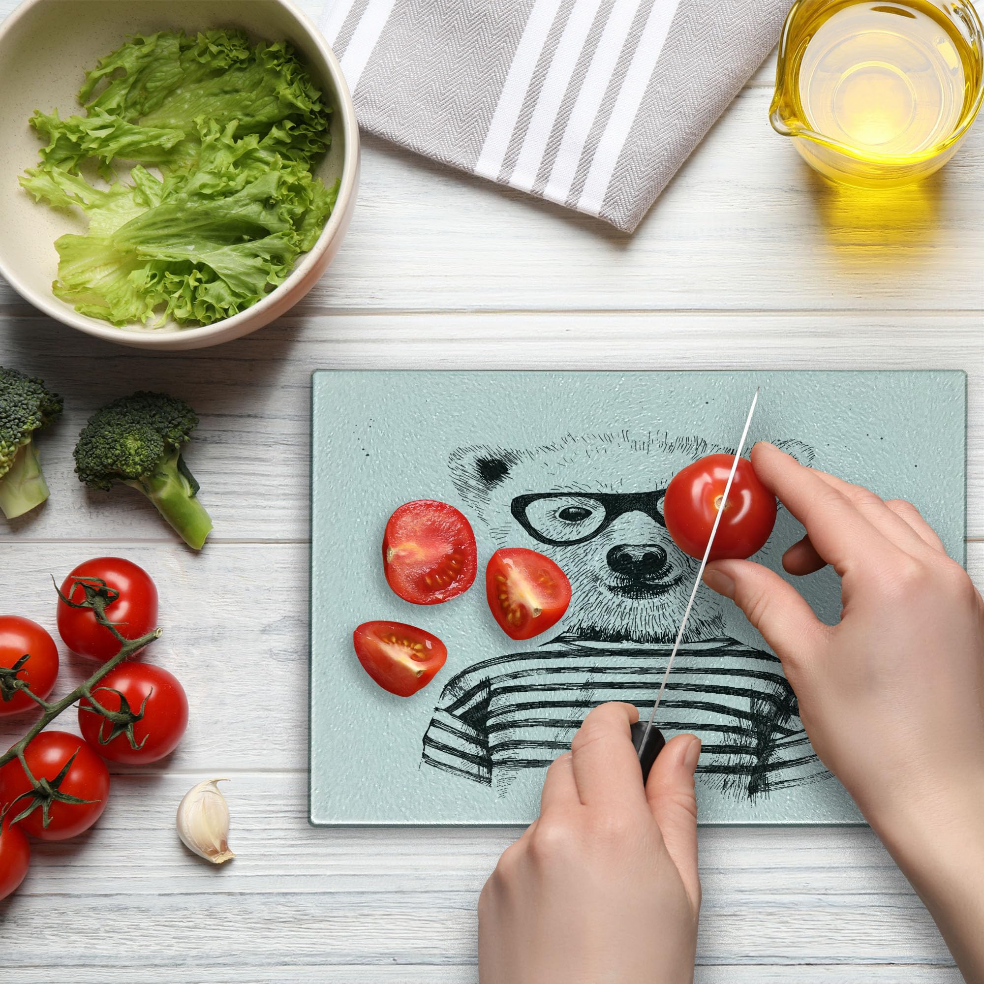 Ambesonne Animal Themed Glass Cutting Board - Hipster Bear in Glasses Art Print - Small Black & White Tempered Glass Serving Board for Kitchen, Charcuterie & Party Platters - Unique Gift for Foodies & Home Chefs