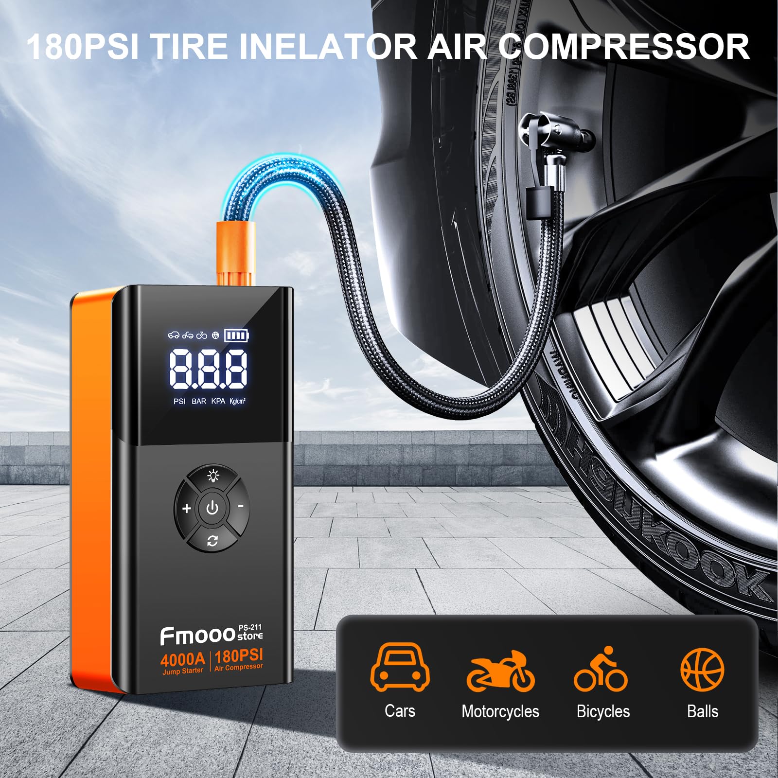 4000A 180PSI Portable Car Jump Starter with Air Compressor - 12V Battery Booster for 10L Gas/8L Diesel Engines - Emergency Car Battery Charger with LCD Display & LED Lights (Orange) - Perfect for Roadside Emergencies, Camping Trips & Winter Car Maintenance