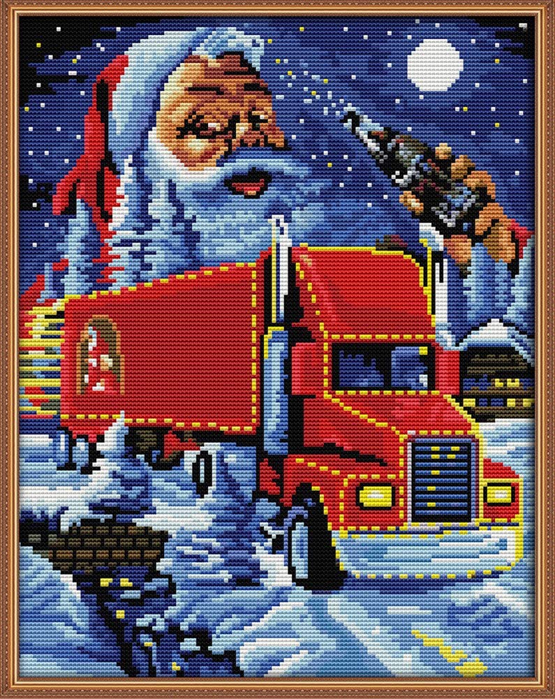 Awesocrafts Christmas Truck Santa Claus Cross Stitch Kit - Easy Counted Cross Stitching Embroidery Supplies for Holiday Decor & DIY Gifts | Perfect for Christmas Crafts, Home Decor & Festive Gift Making