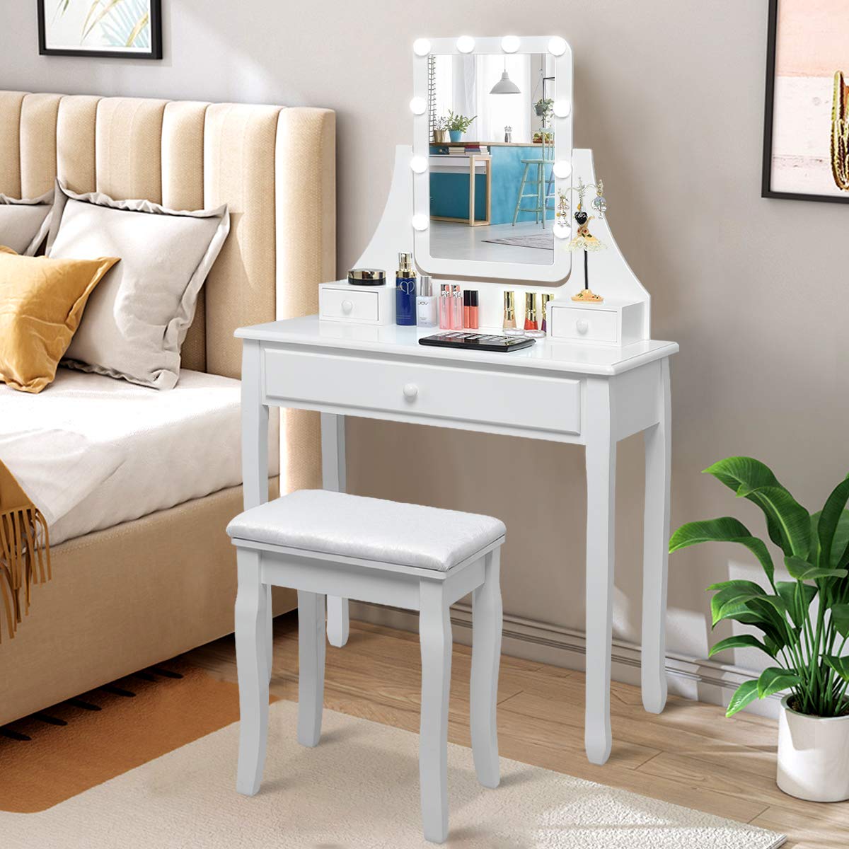 Charmaid Vanity Set with LED Lighted Mirror - 10 Dimmable Bulbs, 3 Drawers & 2 Dividers - Modern Makeup Dressing Table with Stool for Women & Girls (White) | Perfect for Bedroom, Dorm Room & Beauty Salon Makeup Station