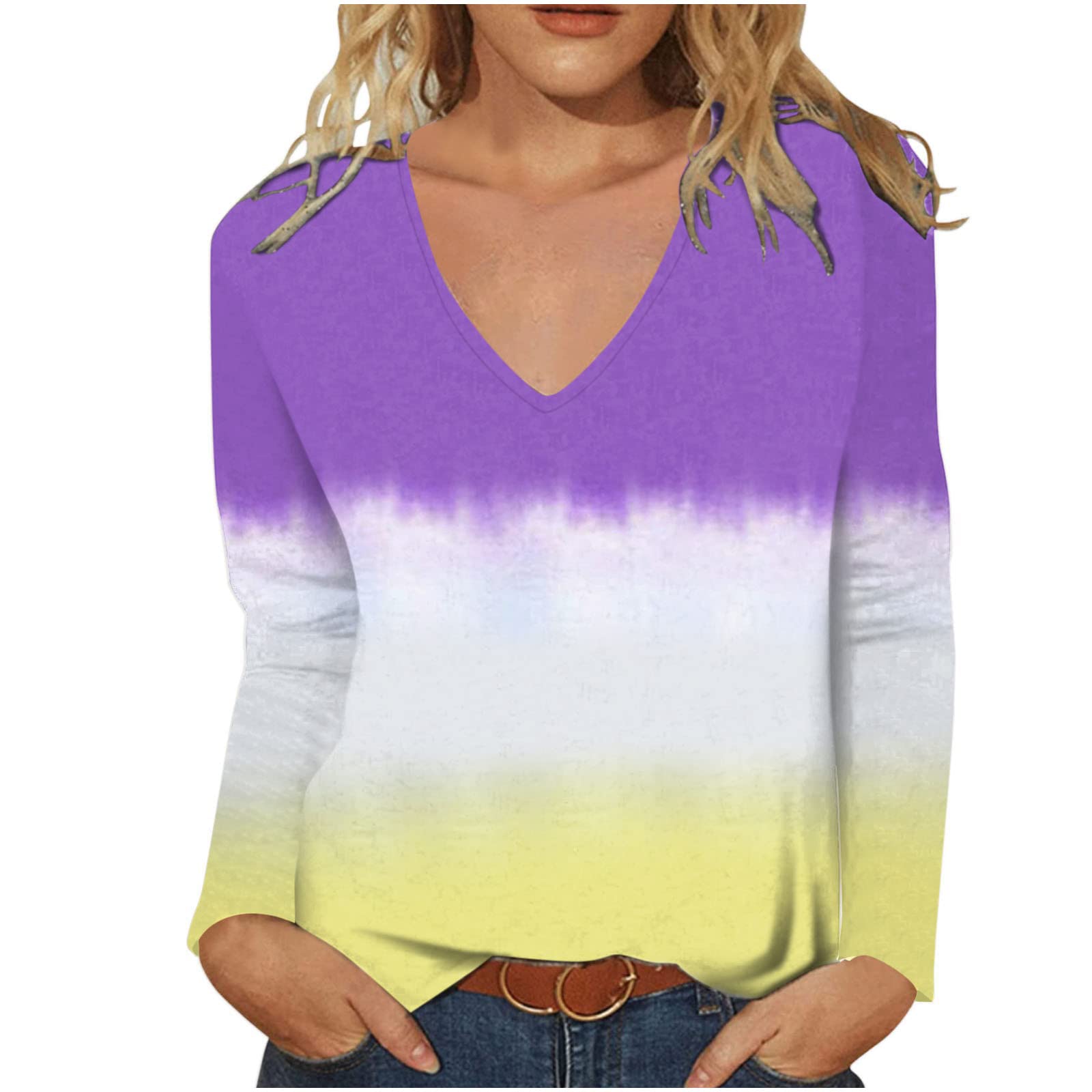 Women's Tie-Dye Long Sleeve Tops - Color Block Print Casual Shirts, Loose V-Neck Henley Pullover Blouse for Women | Perfect for Everyday Wear, Weekend Outings & Boho Fashion Styles