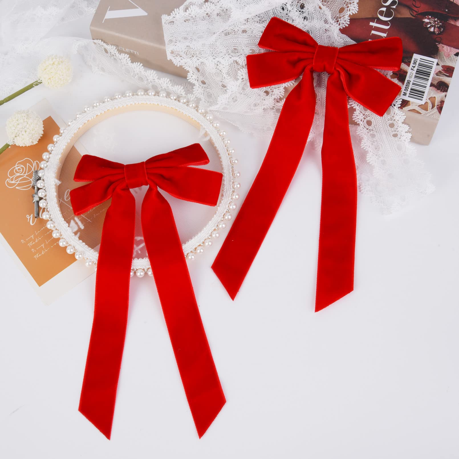 2PCS Velvet Hair Bows - Red Hair Ribbon Clips with Big Fall Alligator Clips - Elegant Hair Accessories for Women, Girls, Toddlers & Kids | Perfect for Parties, Weddings & Daily Styling