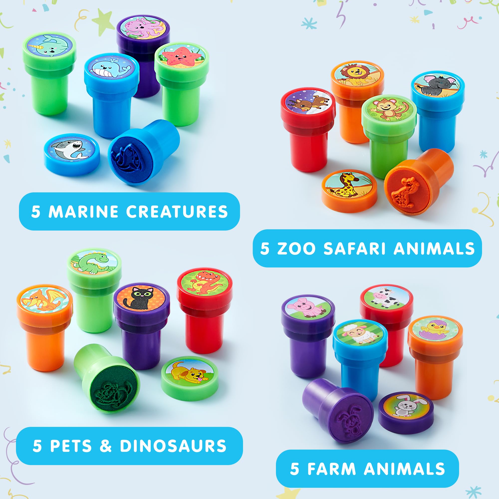 JOYIN 50 Pcs Self-Inking Stamps for Kids - Assorted Animal & Holiday Designs, Perfect for Birthday Party Favors, Classroom Rewards, Carnival Prizes, Goodie Bags & Holiday Gifts (Zoo, Christmas, Halloween) - Great for Arts & Crafts, Scrapbooking & DIY Projects