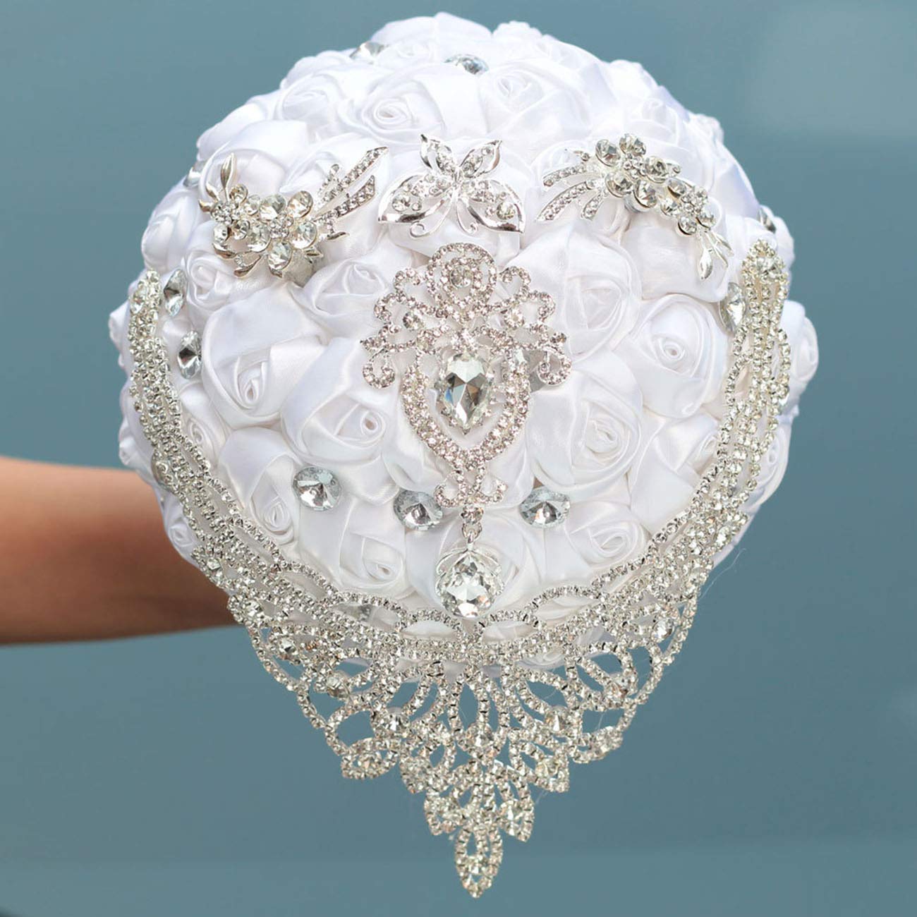Handmade Artificial Rose Wedding Bouquet with Crystal Pearl & Satin Ribbon - Bridal Bouquet for Bride, Bridesmaid, Toss Bouquet - Perfect for Wedding, Church, Engagement, Valentine's Day Party & Home Decor