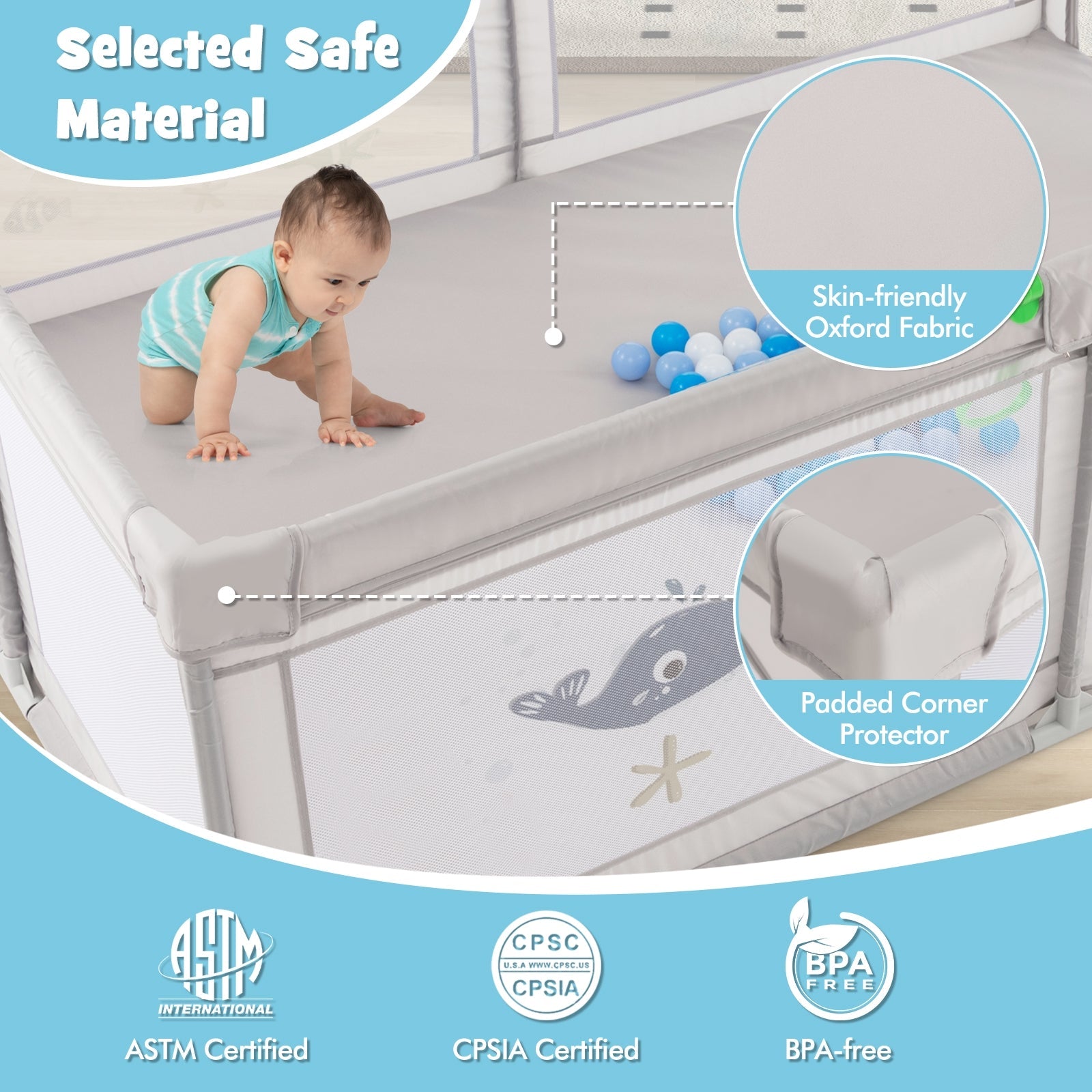 Large Baby Playpen with Pull Rings, Ocean Balls & Cute Whale Pattern - Safe Play Area for Toddlers & Infants - Perfect for Indoor Playrooms, Daycare Centers & Home Use