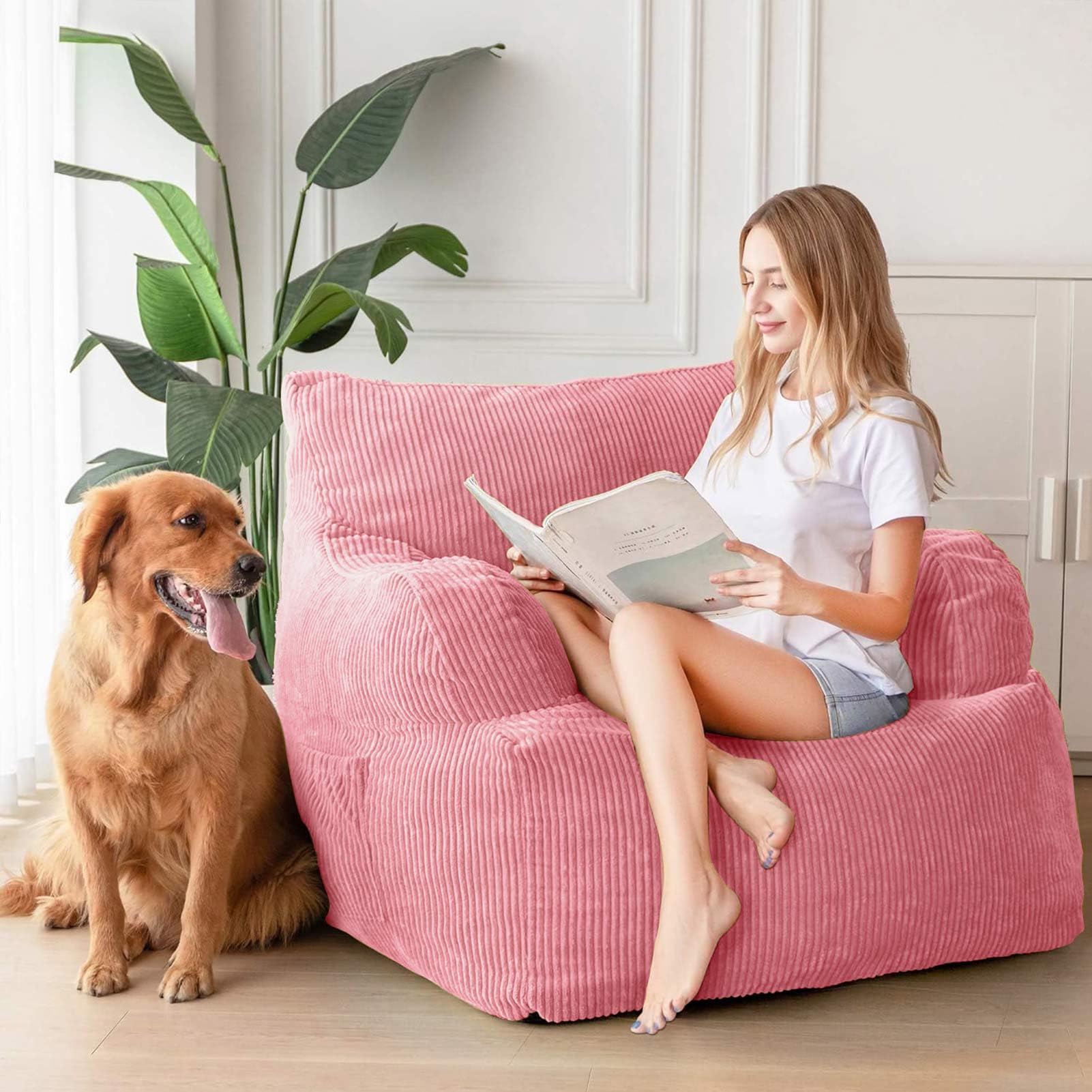 MAXYOYO Giant Bean Bag Chair with Armrests - Oversized Pink Stuffed Bean Bag Couch for Living Room, Bedroom & Game Room - Ultra Comfortable Lounge Seating for Teens & Adults