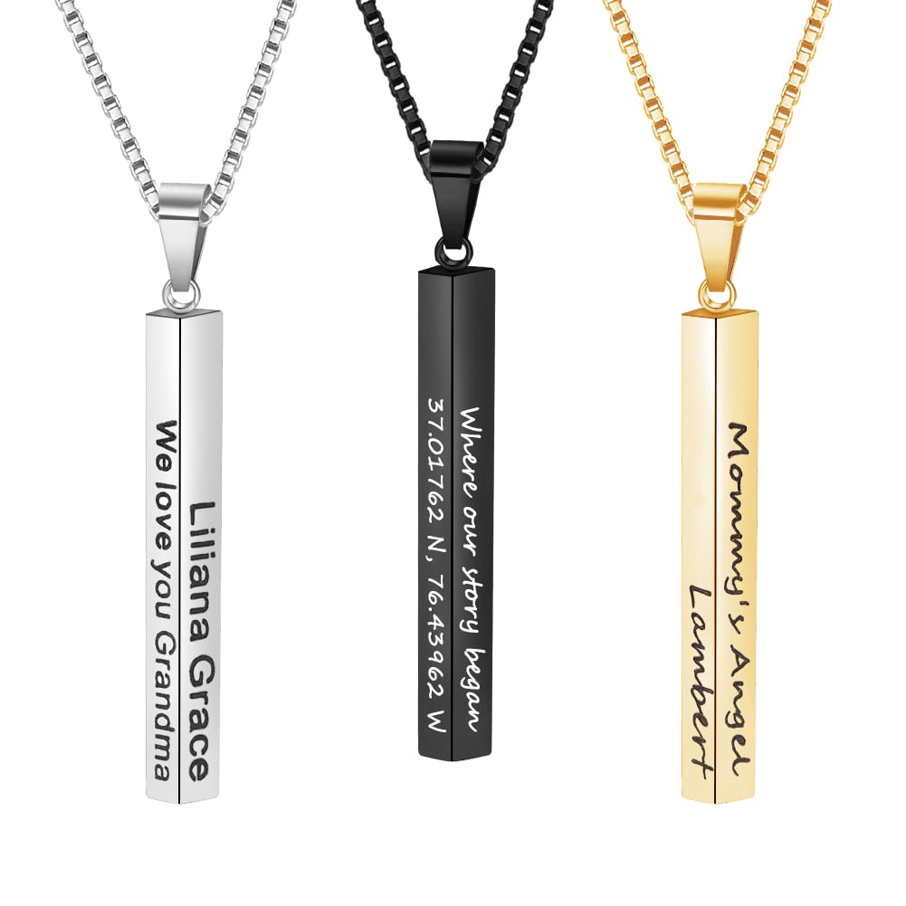 Custom 3D Engraved Stainless Steel Vertical Bar Necklace for Men - Personalized Name Pendant Jewelry Gift for Him/Her - Perfect for Anniversaries, Birthdays & Romantic Occasions