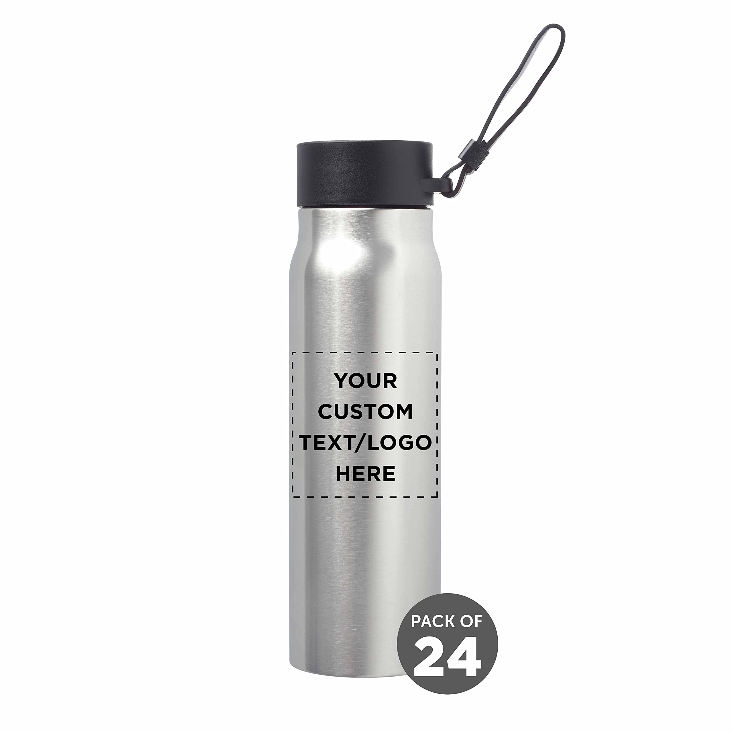 24 Pack Vacuum Insulated Stainless Steel Water Bottles 17oz with Leak-Proof Lid & Carry Strap - Custom Text/Logo Printing - Perfect for Gym, Hiking, Camping & Office Use - Black