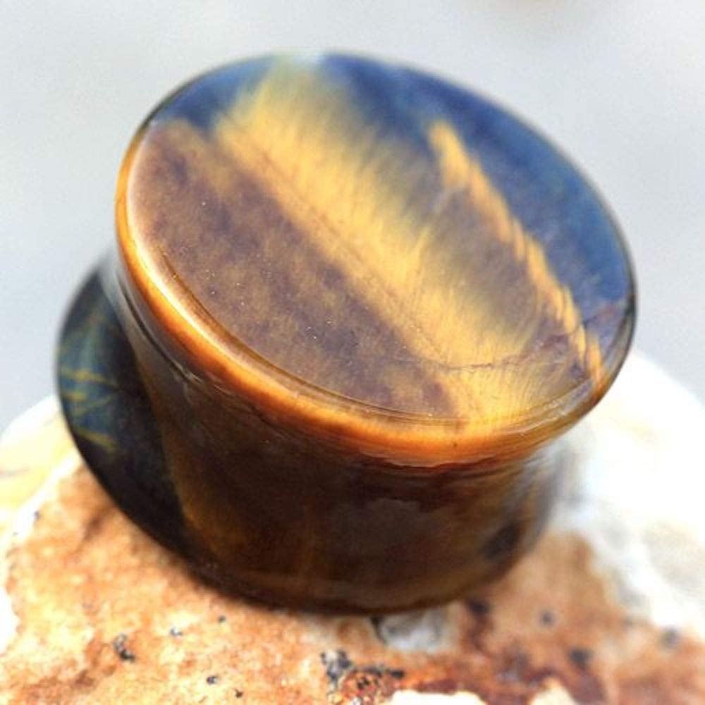 Natural Blue Tiger Eye Stone Saddle Plug - Stylish Ear Gauges for Men & Women