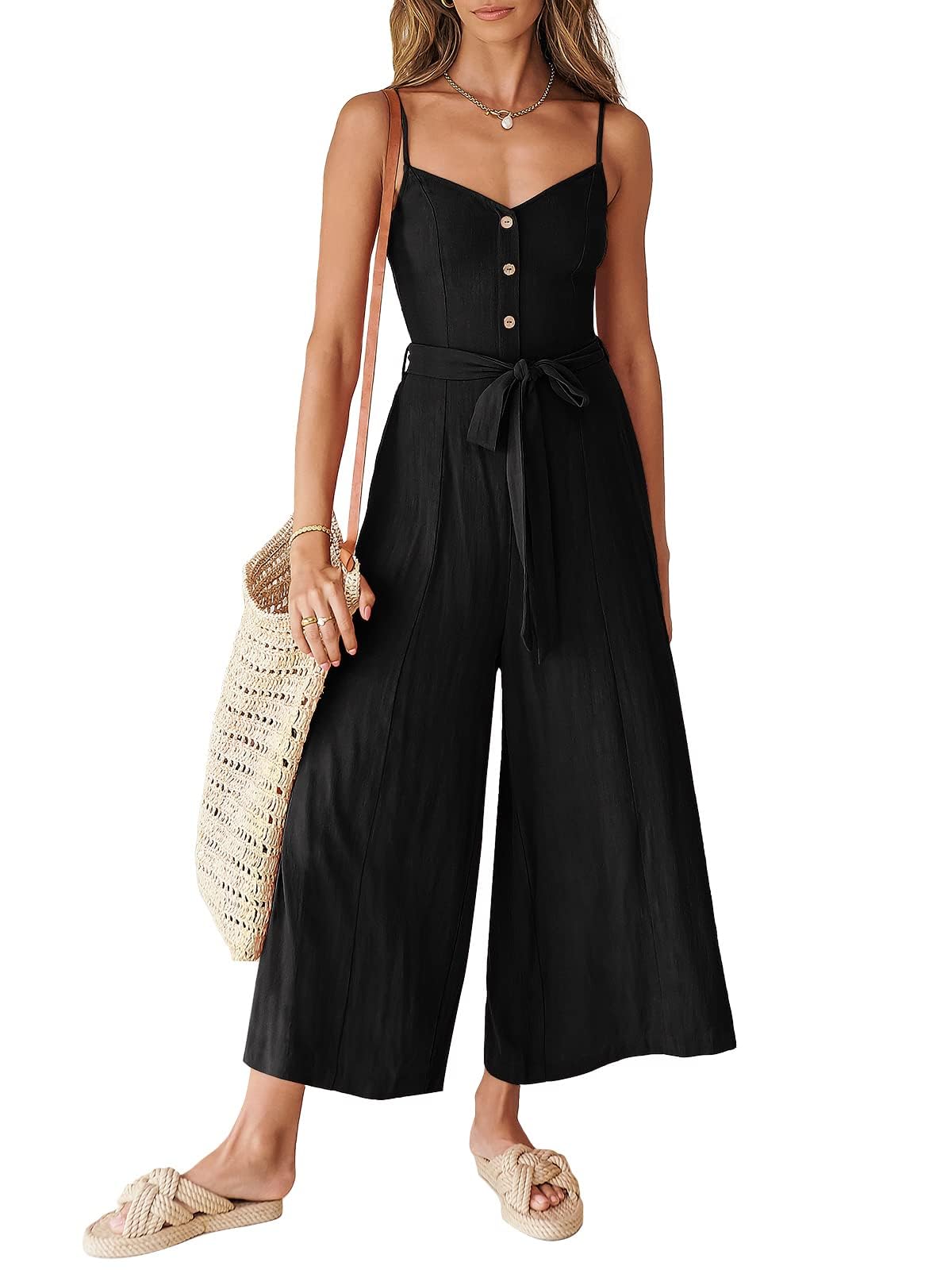 ANRABESS Women's Linen Jumpsuit - 2024 Summer Casual Wide Leg Romper with V-Neck & Spaghetti Straps | Beach Outfit, Vacation Wear, Dressy Overalls for Women