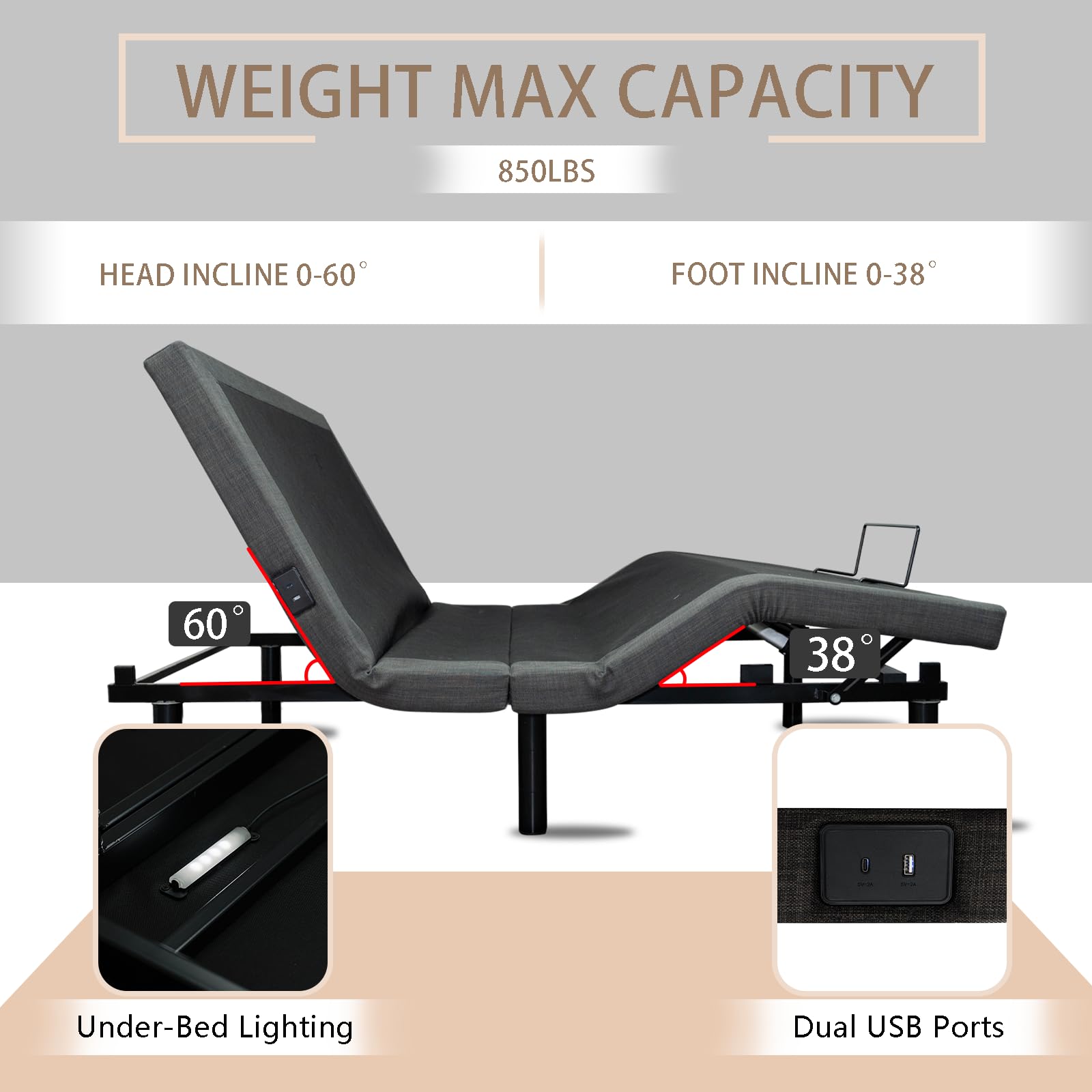 Adjustable Queen Bed Frame with Zero Gravity, Wireless Remote, Under Bed Lighting, Head & Foot Incline, USB Ports & Adjustable Legs - Easy Assembly for Home, Office & Guest Room Comfort