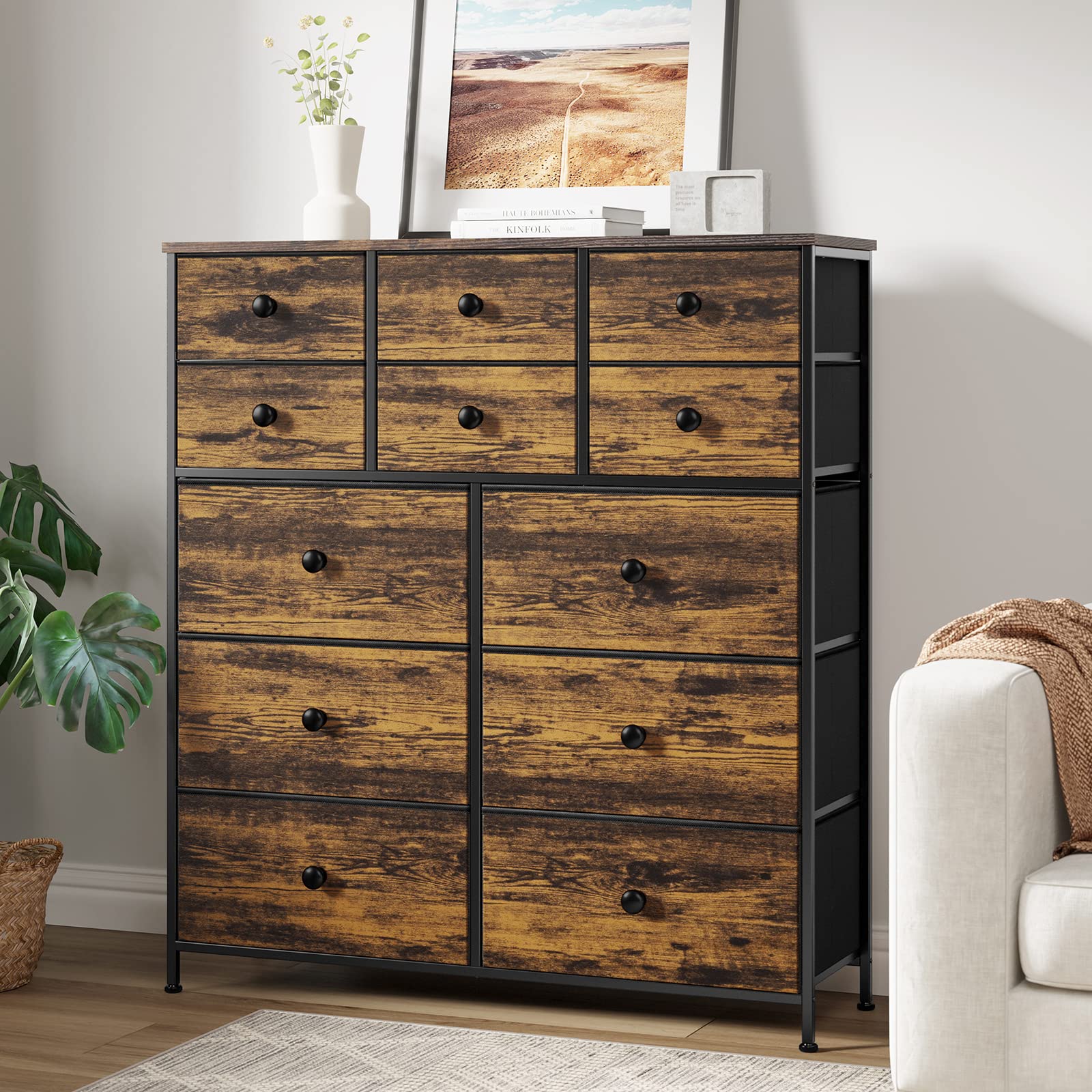 REAHOME 12-Drawer Dresser for Bedroom - Wooden Top Steel Frame Chest of Drawers, Large Capacity Storage Organizer for Living Room, Entryway & Office - Rustic Brown - Perfect for Bedroom Storage & Home Organization