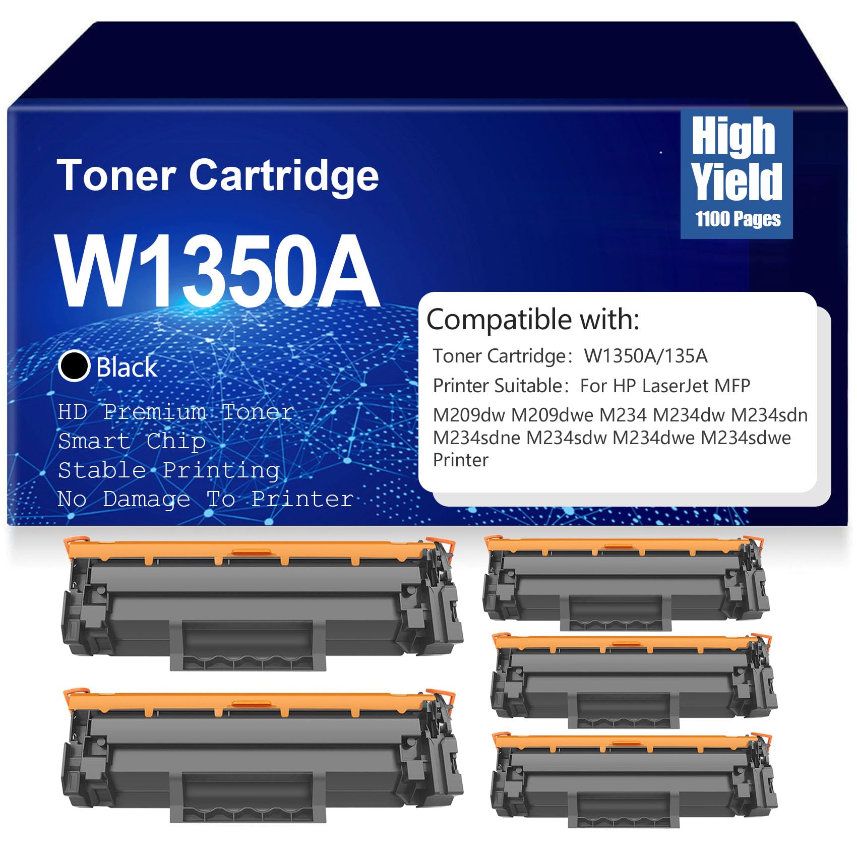 HP W1350A Compatible Black High Yield Toner Cartridges (5-Pack) - Works with HP LaserJet MFP M209/M209dw/M209dwe/M232/M234/M234dw Printers - Chipped Replacement for Office & Home Printing Needs