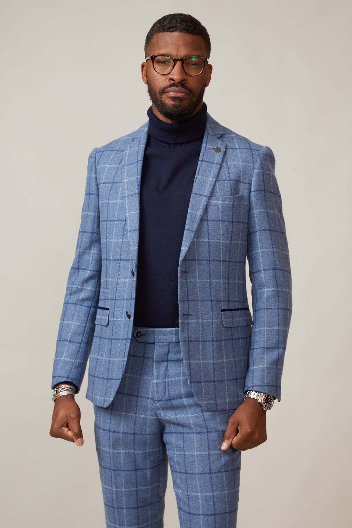 CLINTON Blue Tweed Check Blazer for Men - Classic Slim Fit Formal Jacket for Office, Wedding & Business Events