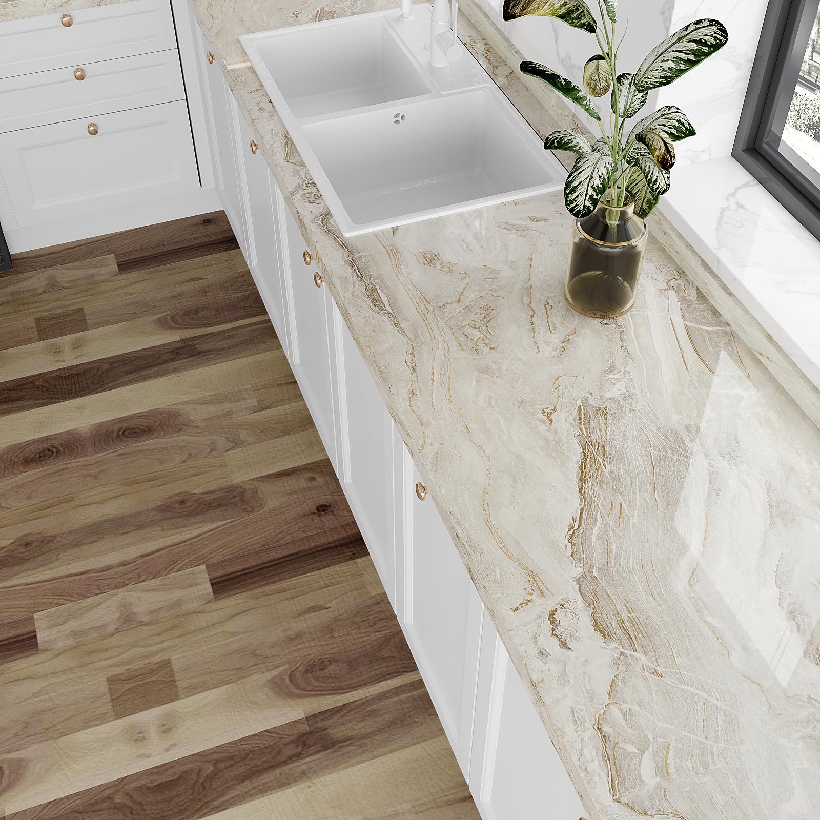 VEELIKE 15.7''x118'' Beige Gold Liquid Marble Contact Paper - Peel & Stick Waterproof Granite Countertop Cover - Self-Adhesive Vinyl Roll for Kitchen, Bathroom, Table & Wall Decor - Perfect for Home Renovation, DIY Projects & Furniture Upcycling