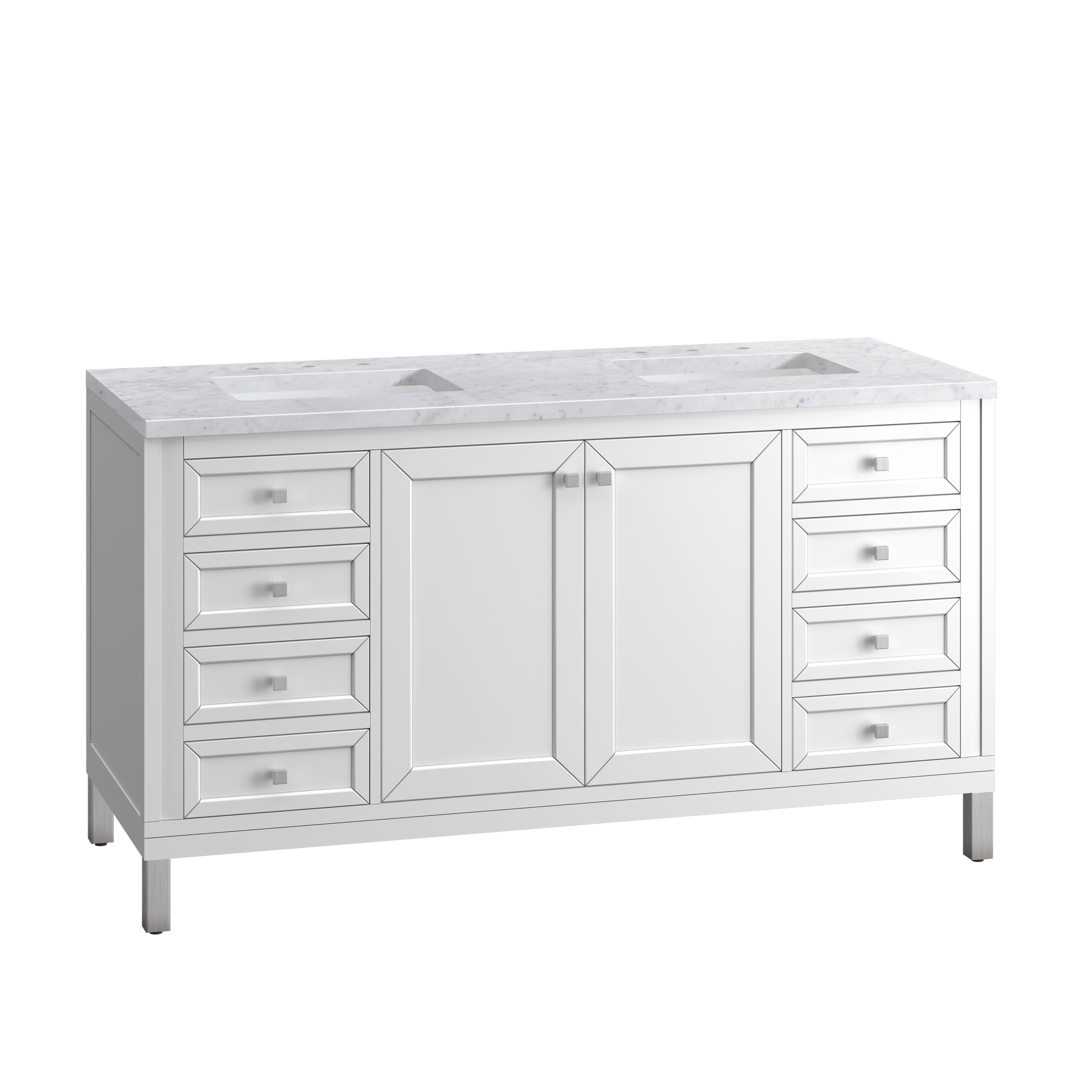Chicago 60-Inch Double Vanity with Glossy White Finish & 3CM Carrara Marble Top - Perfect for Modern Bathroom Renovation & Luxury Home Decor