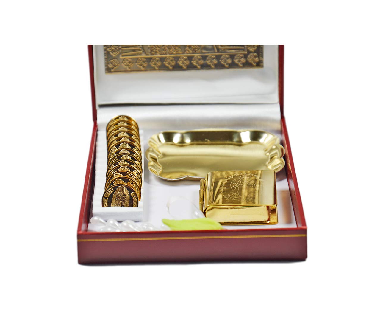 Wedding Unity Coins Set - Gold-Plated Ceremony Arras with Magnetic Display Case - Includes Lady of Guadalupe & Mini Bible Box - Perfect for Catholic Weddings, Vow Renewals & Marriage Keepsakes