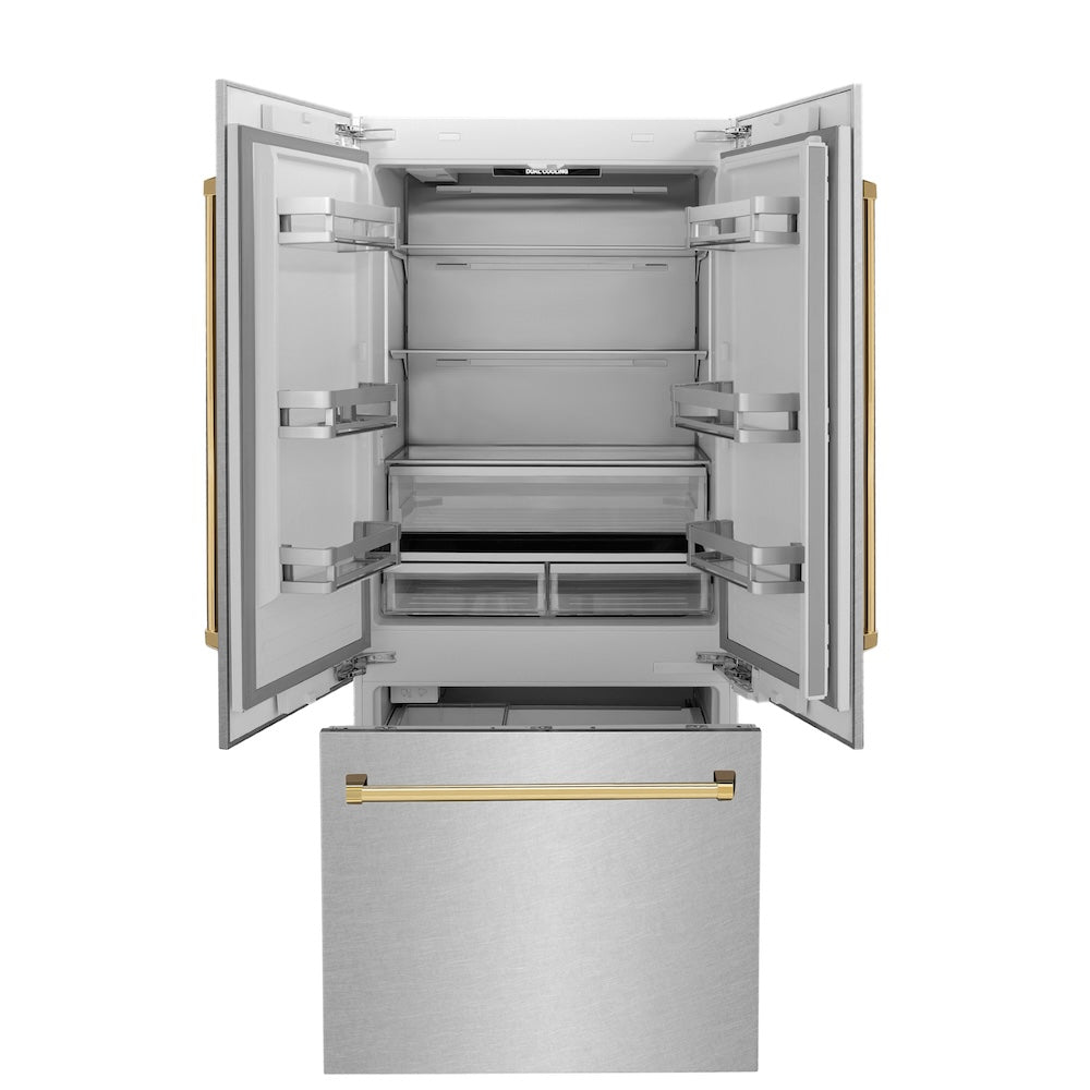 ZLINE Autograph Edition 36 Inch French Door Built-In Refrigerator with Bottom Freezer - 19.6 cu.ft Capacity, Water Dispenser & Ice Maker - Satin Stainless Steel with Polished Gold Accents (RBIVZ SN 36 G) - Perfect for Modern Kitchens & Luxury Homes