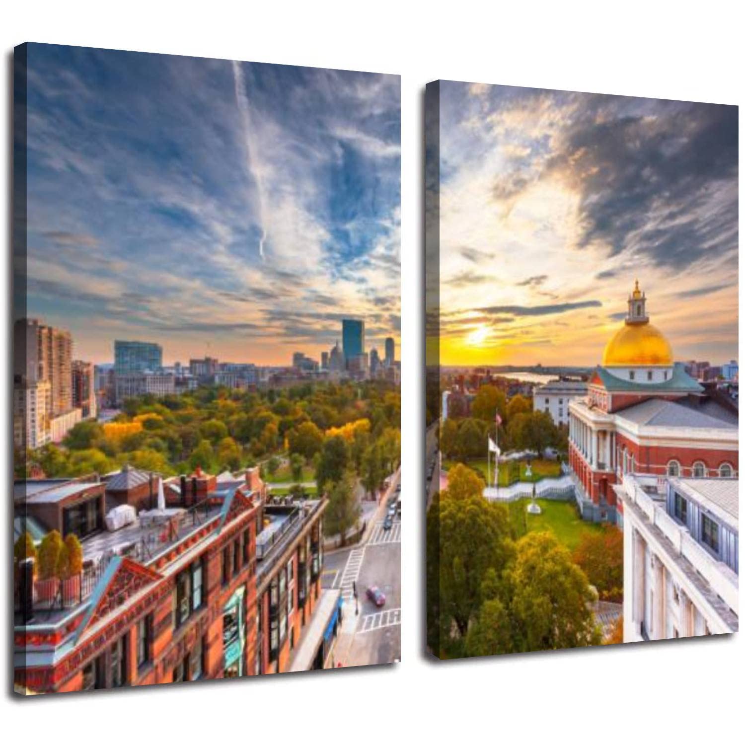 2 Panel Modern Canvas Wall Art - Boston Massachusetts Cityscape with State House - Large 24