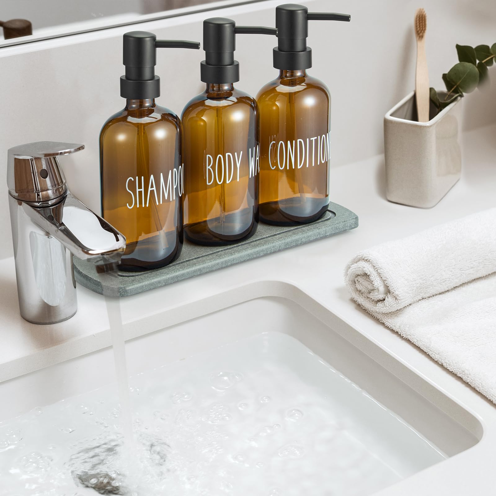 Premium Glass Shampoo & Conditioner Dispenser Set with Diatomite Tray - Refillable Pump Bottles for Body Wash & Liquid Soap | Elegant Bathroom Countertop Organizer for Shower, Spa & Home Decor