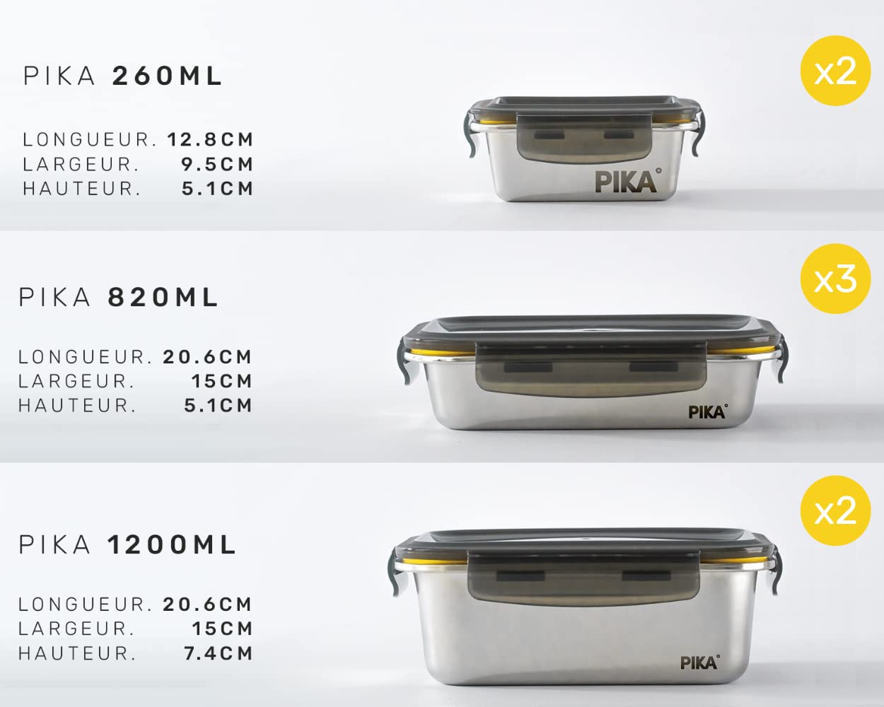 PIKA - 7-Piece Airtight Stainless Steel Food Storage Containers Set - Microwave, Oven & Freezer Safe - Perfect for Meal Prep, Batch Cooking & Leftovers Storage - Ideal for Home, Office & Picnic Use