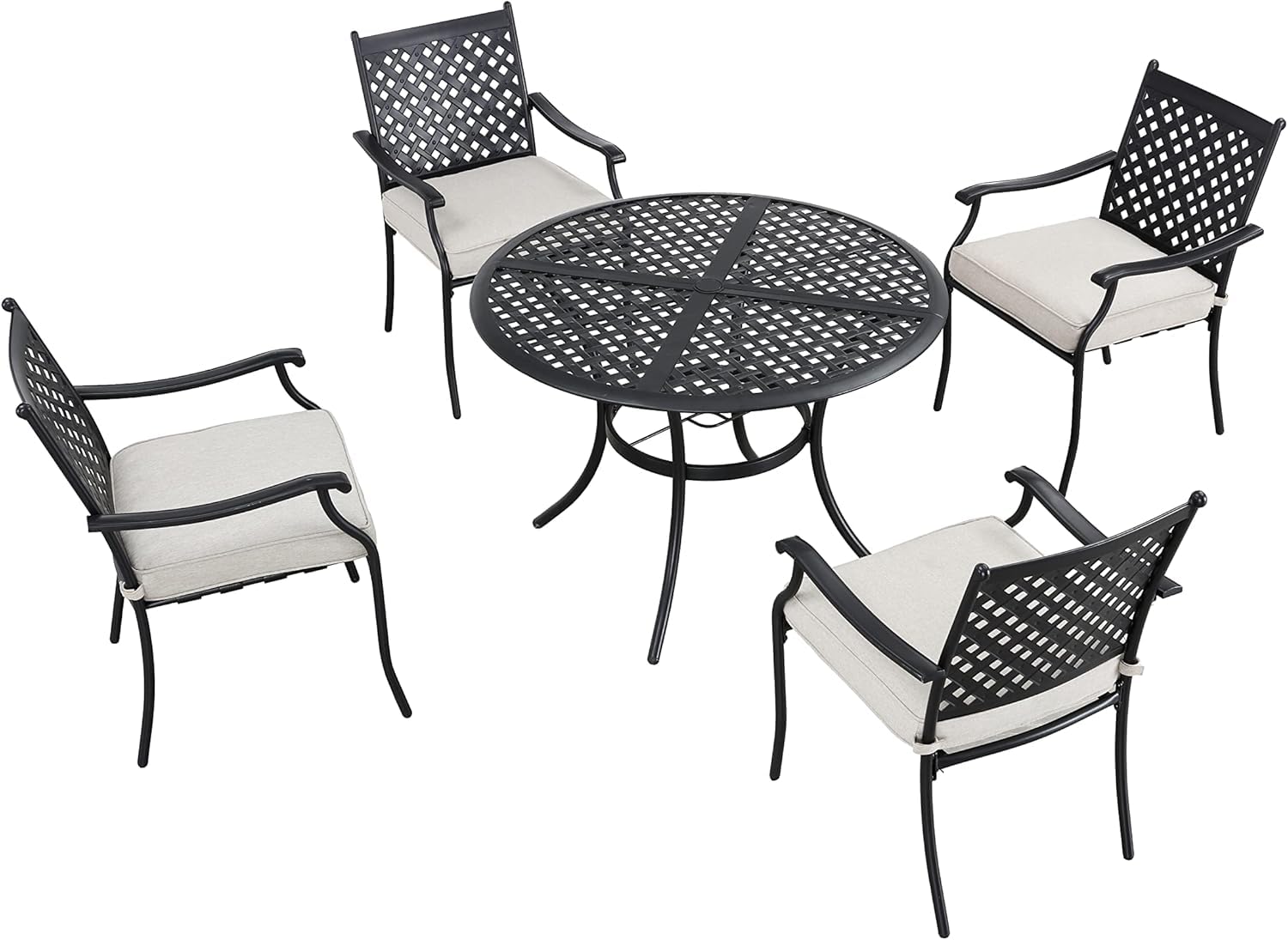 LOKATSE HOME 5-Piece Outdoor Patio Dining Set - White Metal Table & 4 Iron Arm Chairs with Cushions & Umbrella Hole | Perfect for Backyard, Garden, Poolside & BBQ Gatherings