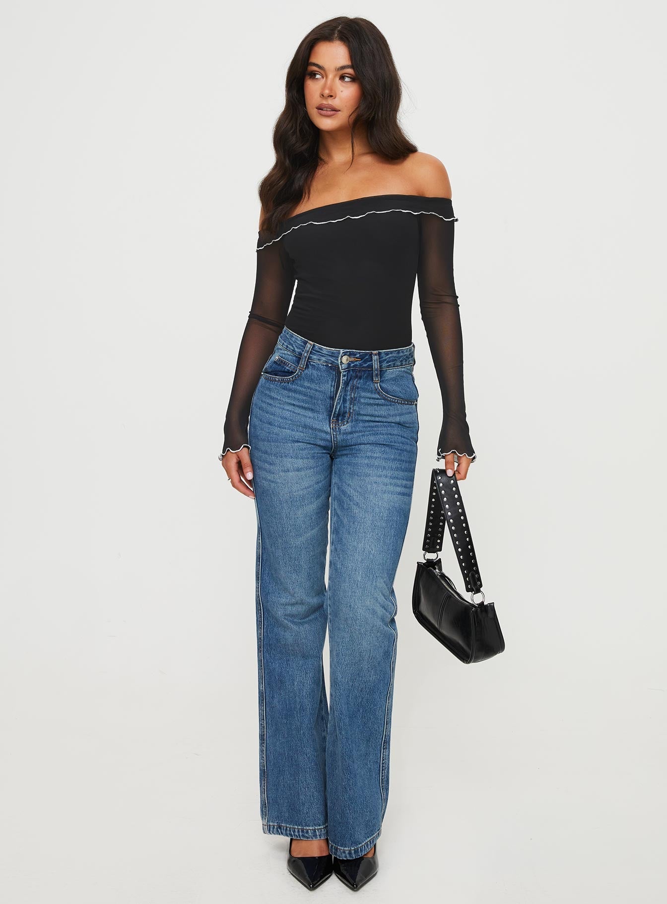 Arsema Off The Shoulder Bodysuit for Women - Black Stretchy Slim Fit Petite Bodysuit for Date Night & Club Wear