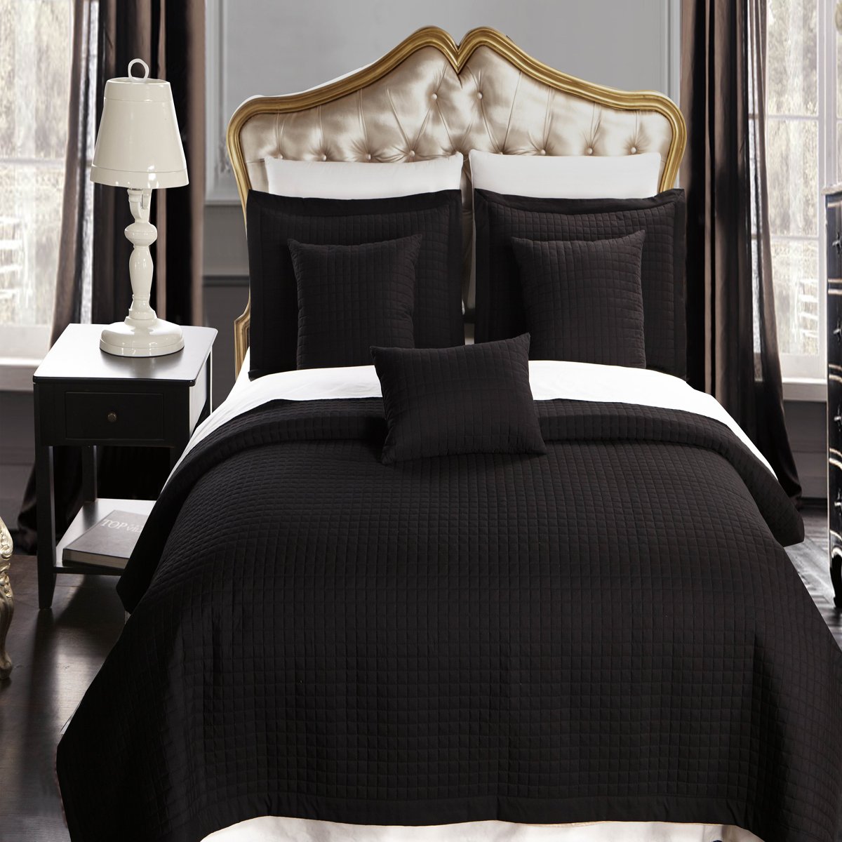 7-Piece King Size Quilt Set - Checkered Bedspread, Coverlet & Sheet Set in Black | Complete Bed in a Bag for Master Bedroom & Guest Room Decor