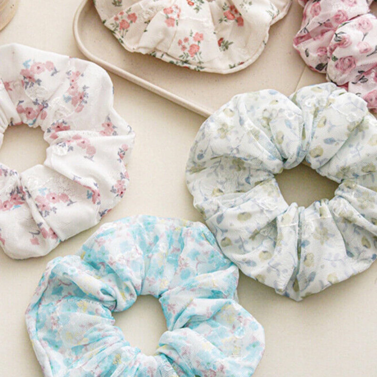 Floral Print Scrunchies for Women - Soft Elastic Hair Bands, Ponytail Holders & Hair Accessories - Green Bow Hair Ribbon for Long Hair - Perfect for Workouts, Office & Casual Wear