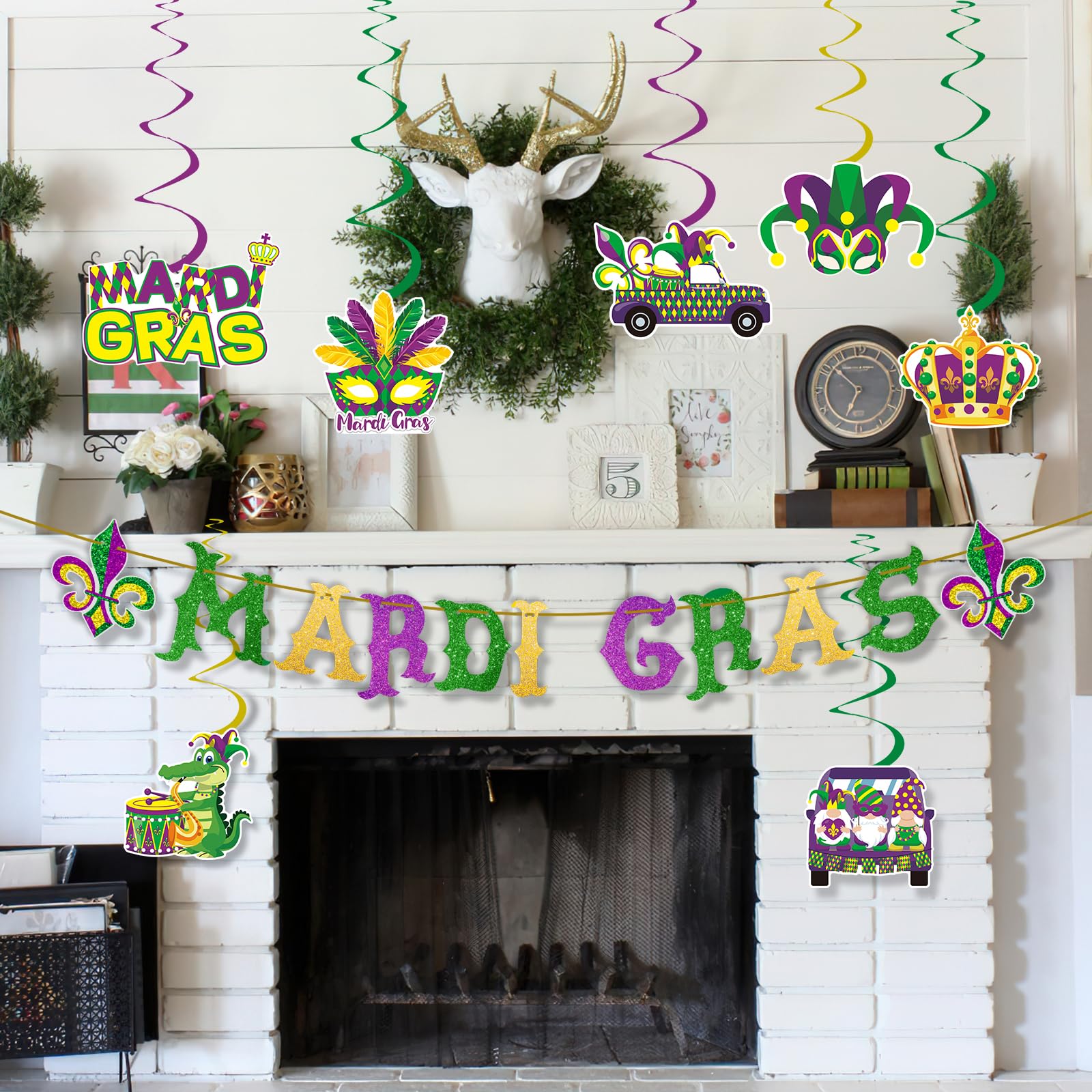 Glitter Mardi Gras Banner & Hanging Swirls Streamers - Pre-Assembled Carnival Party Decorations for Masquerade, New Orleans Holiday & Festive Celebrations - Perfect for Home, Office, and Event Decorations