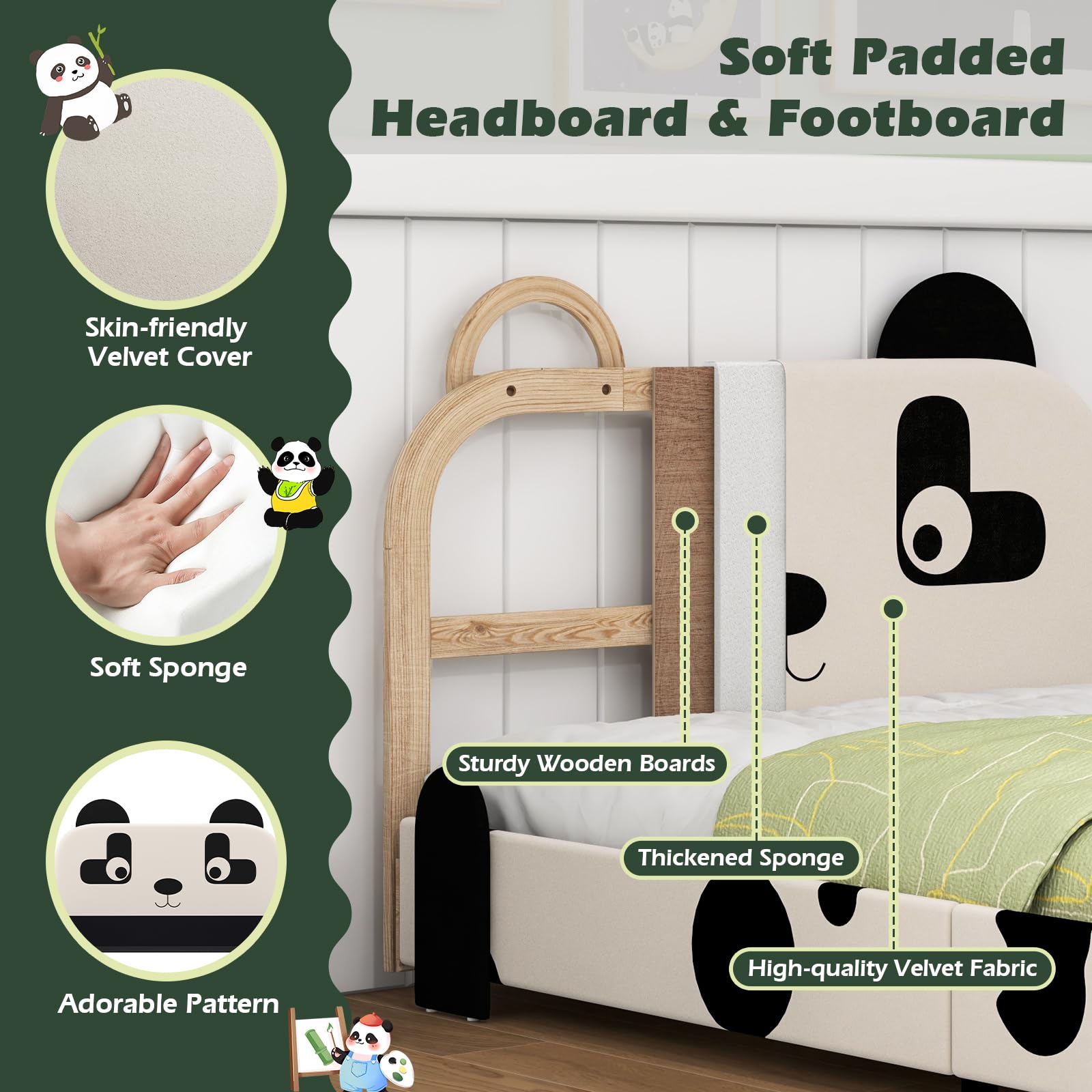 Costzon Twin Bed Frame for Kids - Sturdy Metal Platform with Slat Support & Padded Headboard, No Box Spring Needed, Easy Assembly (Cute Panda Design) | Perfect for Kids' Bedroom, Guest Room & Small Spaces