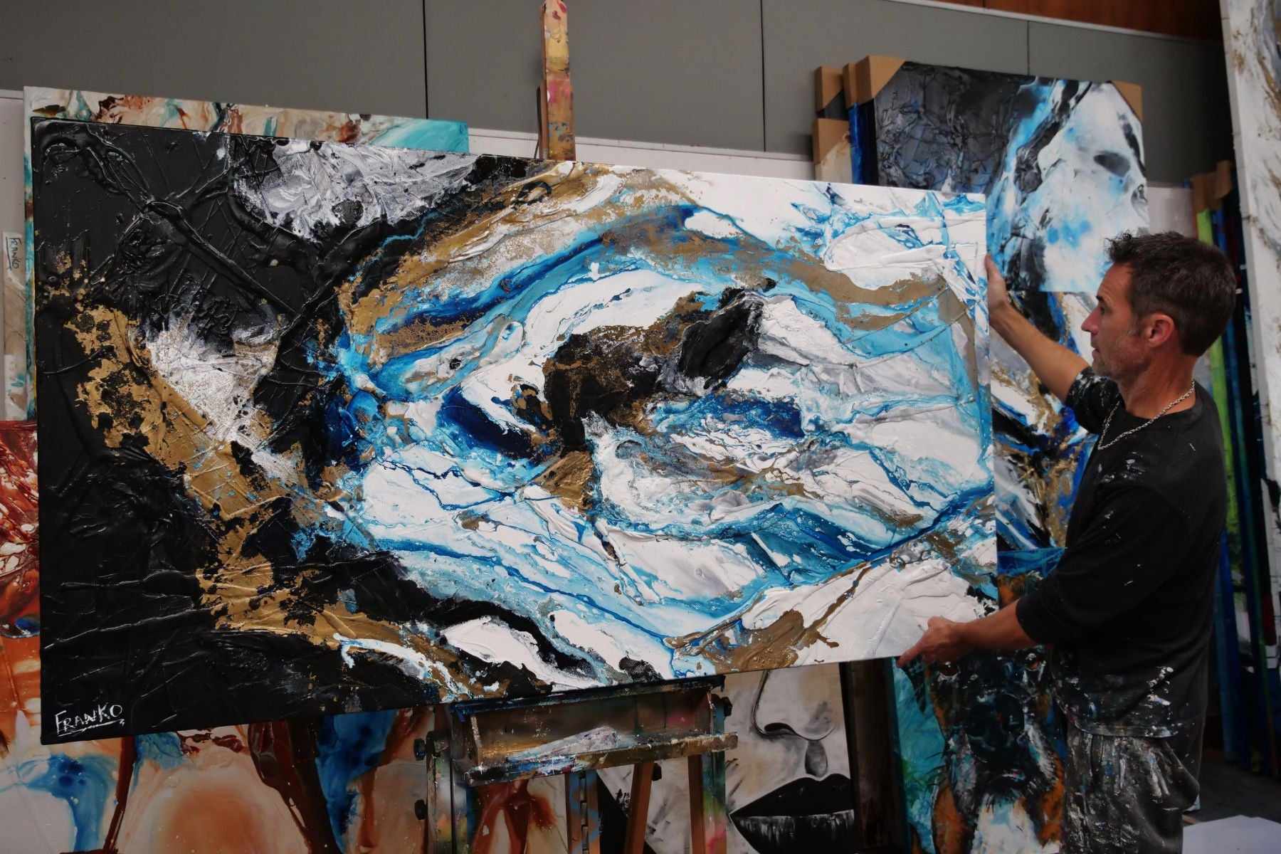 Blue Black Textured Abstract Painting - Cobalt Pearl 190cm x 100cm Modern Wall Art for Living Room, Bedroom & Office Decor