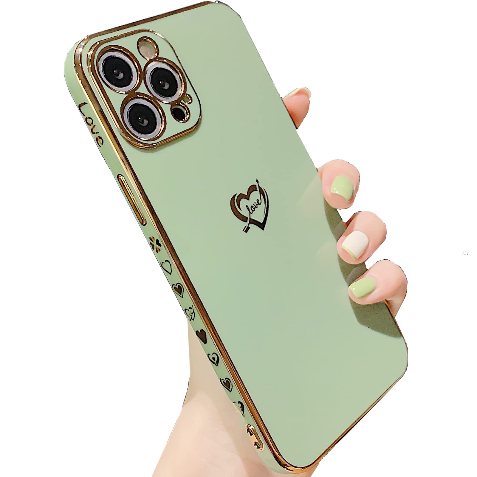 Fashion Heart Design Soft TPU Shockproof Protective Phone Case for iPhone 13 Pro Max (6.7 Inch, Green) - Stylish & Durable Cover for Everyday Use, Work & Travel